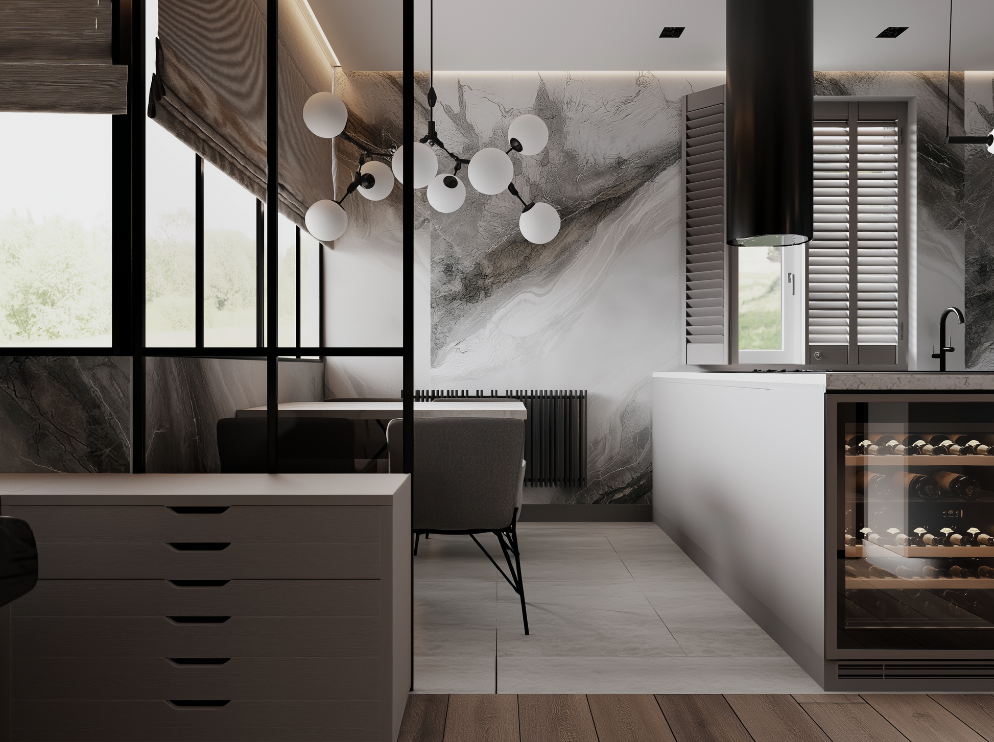 Modern kitchen interior with marble walls, wooden cabinets, and a chandelier.