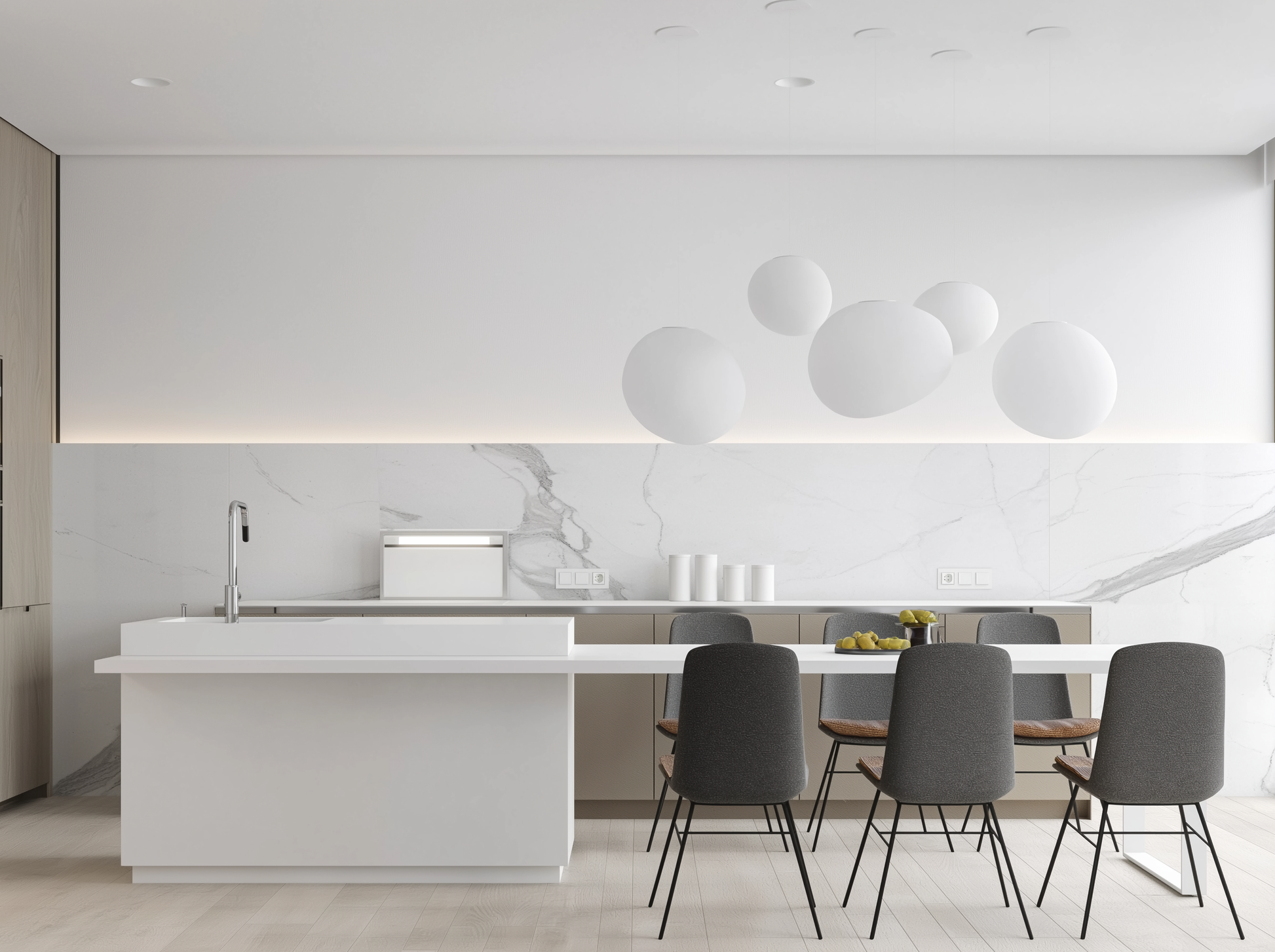 Modern kitchen with white island and gray chairs