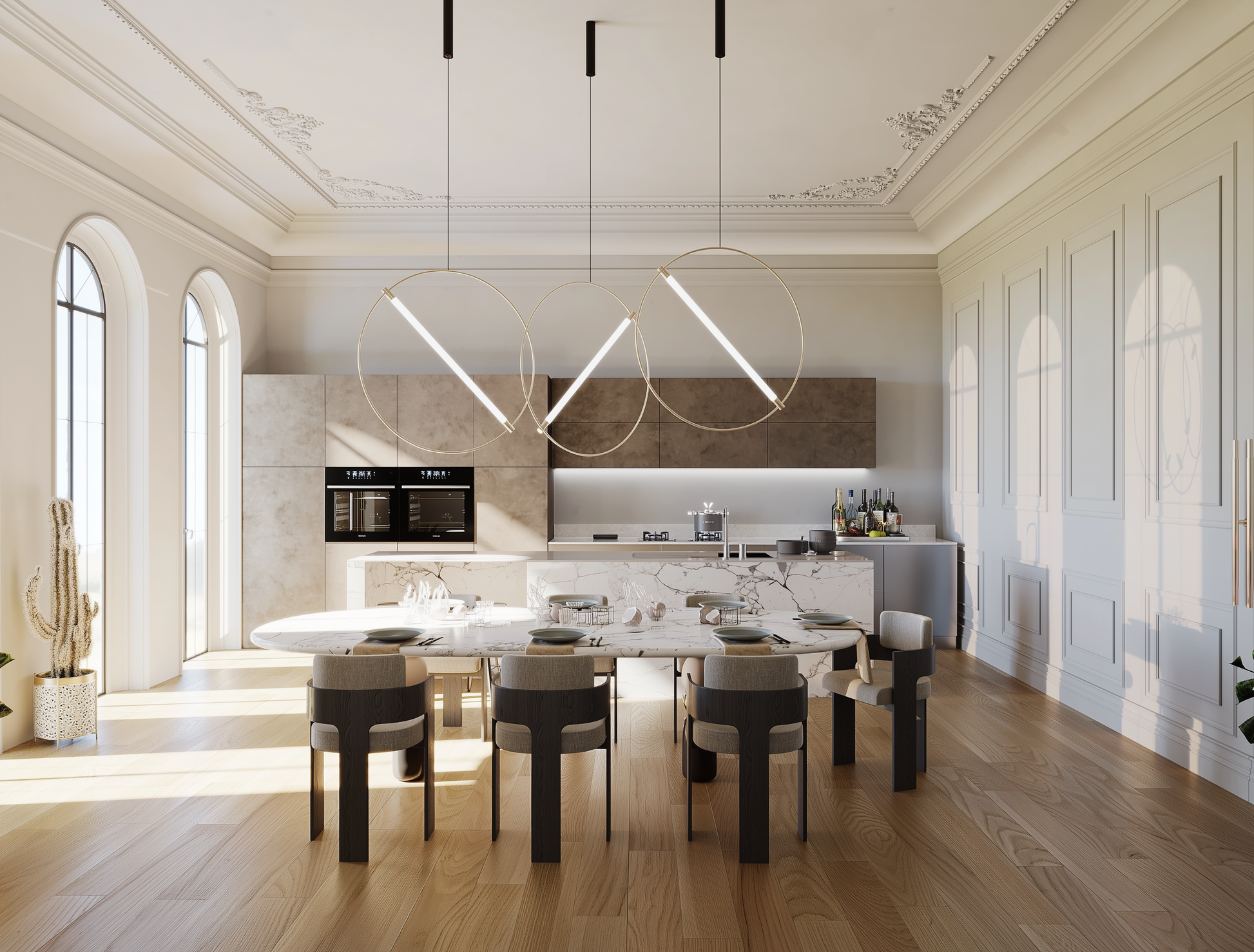 Modern kitchen with a dining table and chairs in a well-lit room.