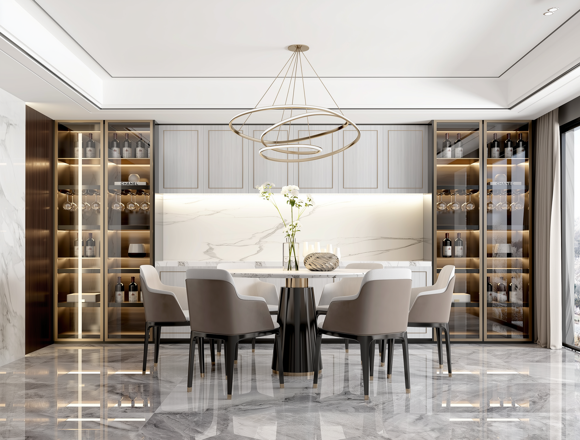 Modern dining room with a table and chairs in a stylish interior setting.