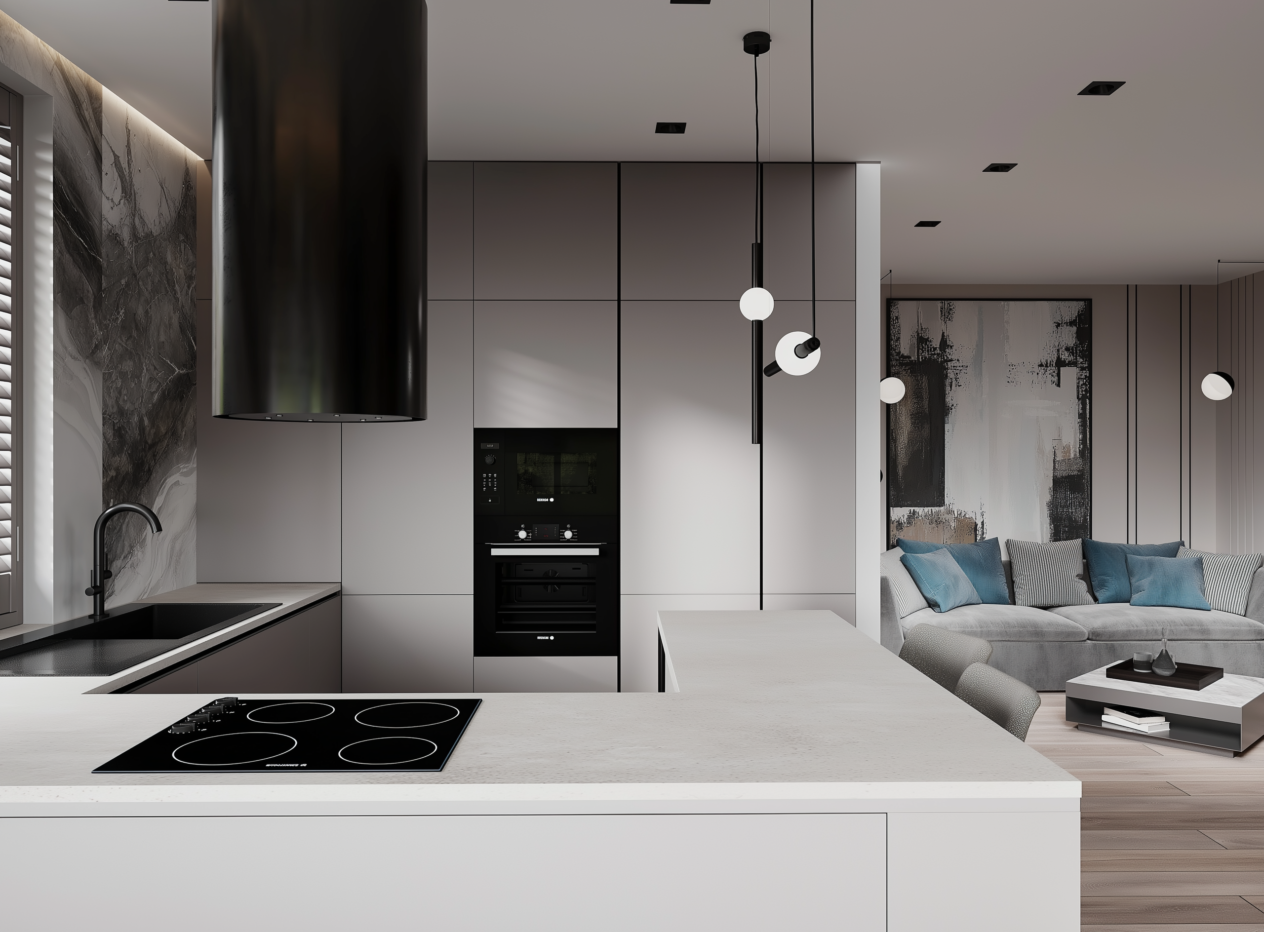 Modern kitchen with island and living room in the background