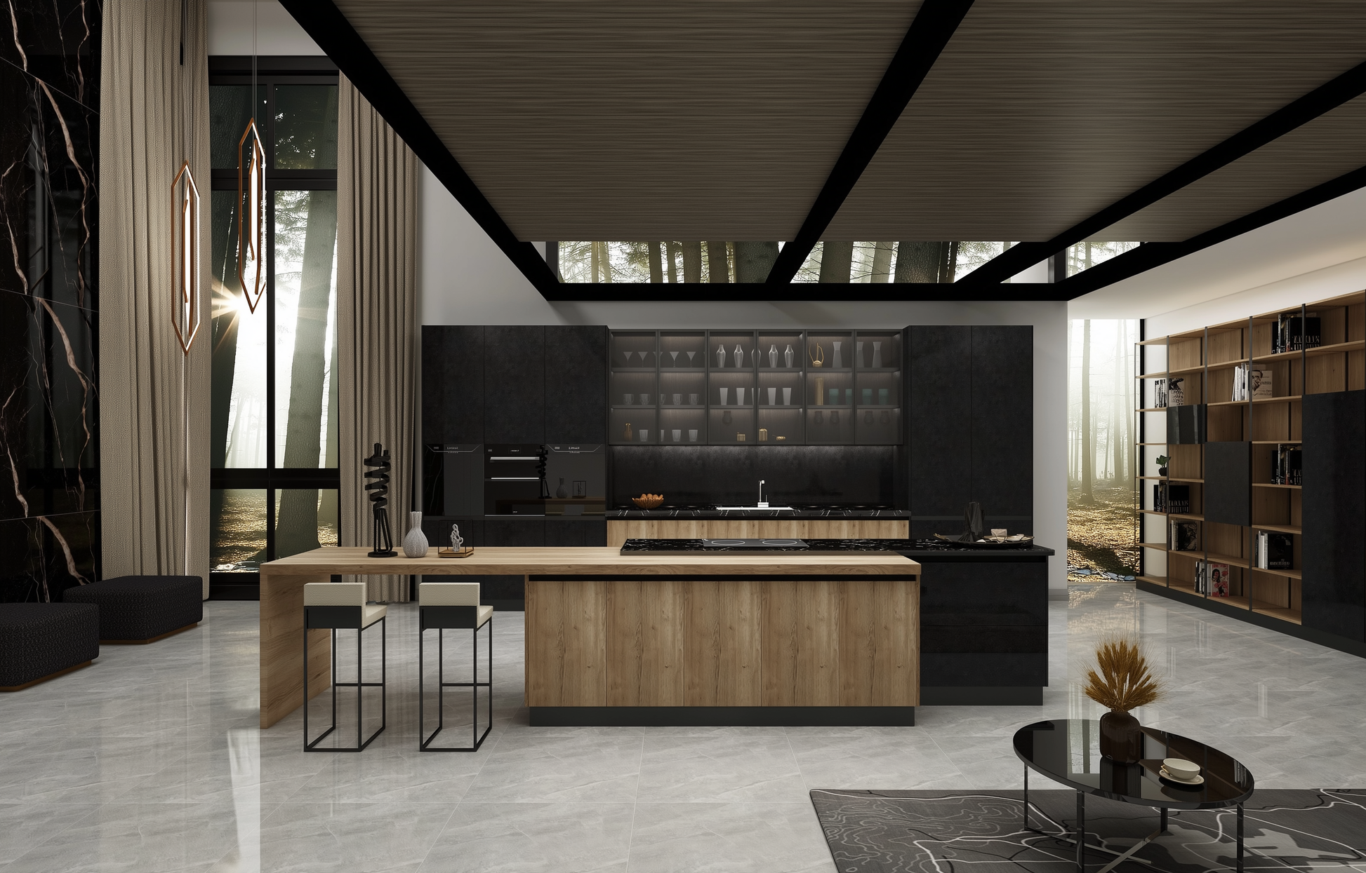 Modern kitchen with wooden island and black appliances