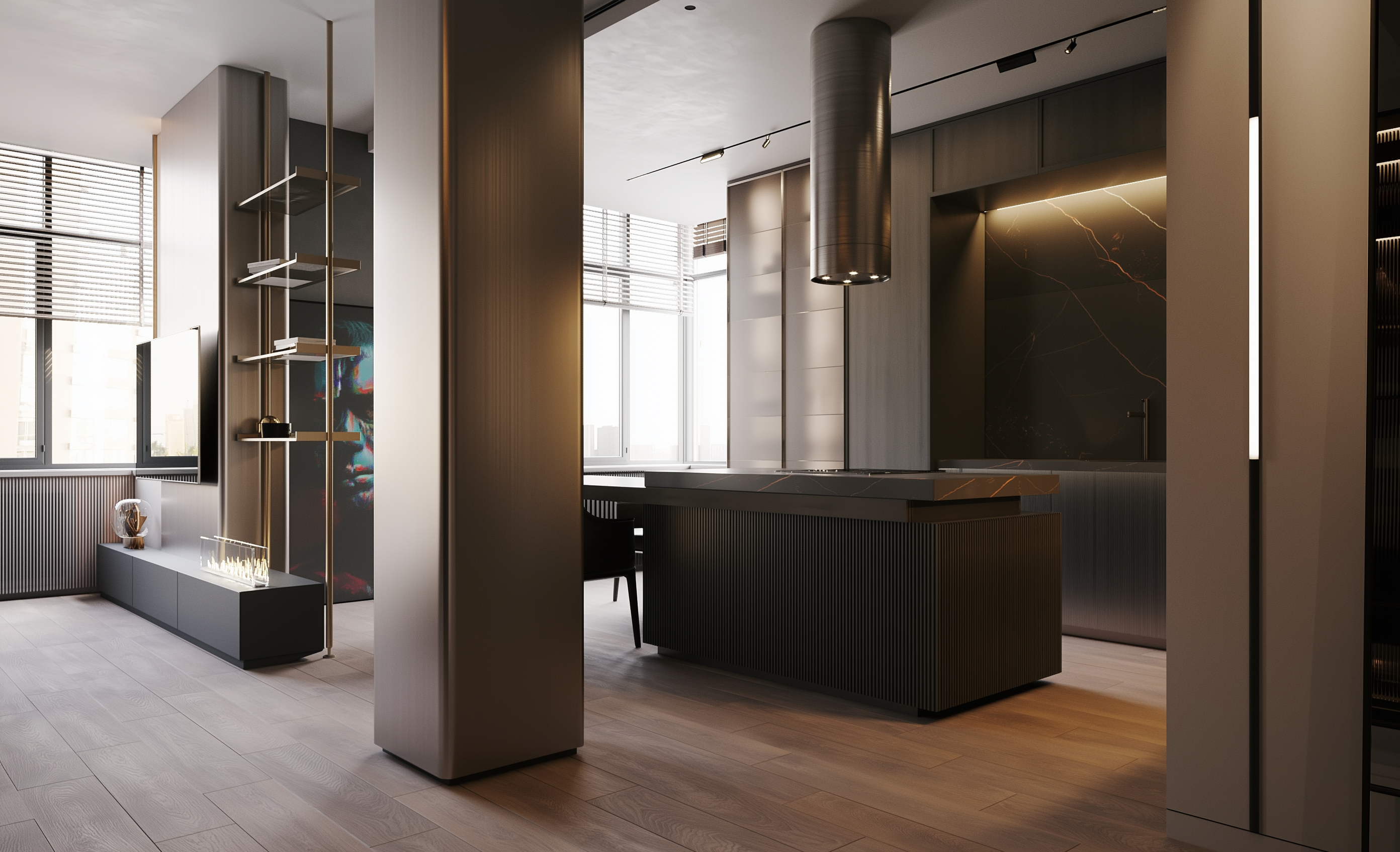 Modern kitchen with island and large windows in a stylish interior.