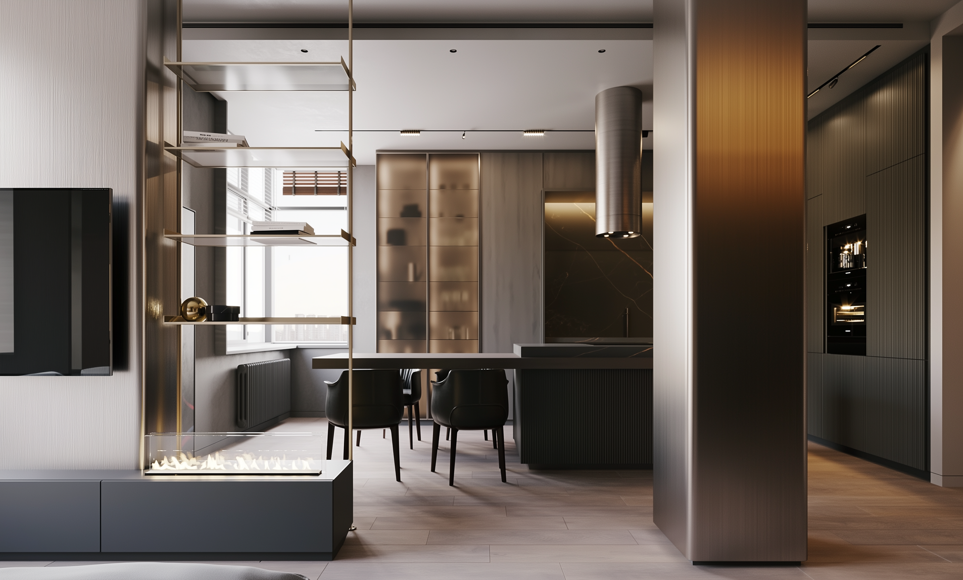 Modern kitchen and dining area with stainless steel appliances and decor.