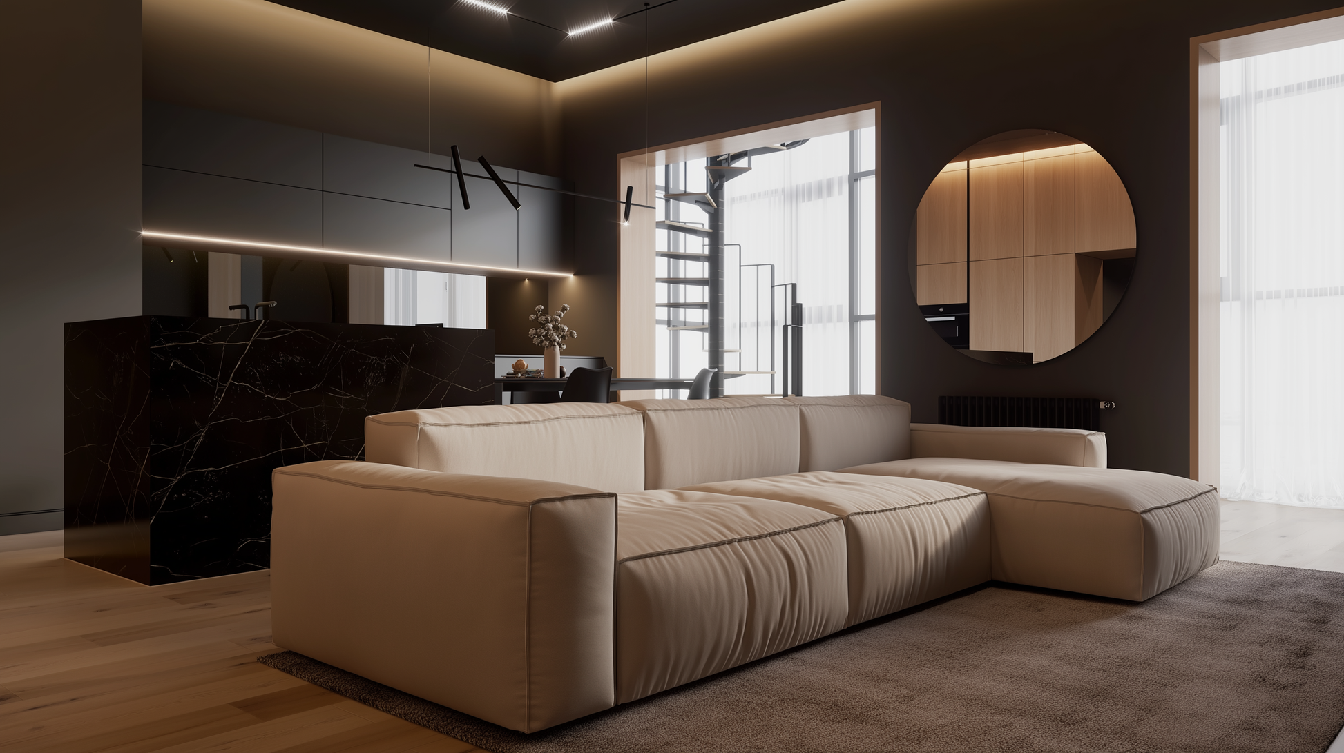 Modern living room with a beige sectional sofa, dark walls, and large windows.
