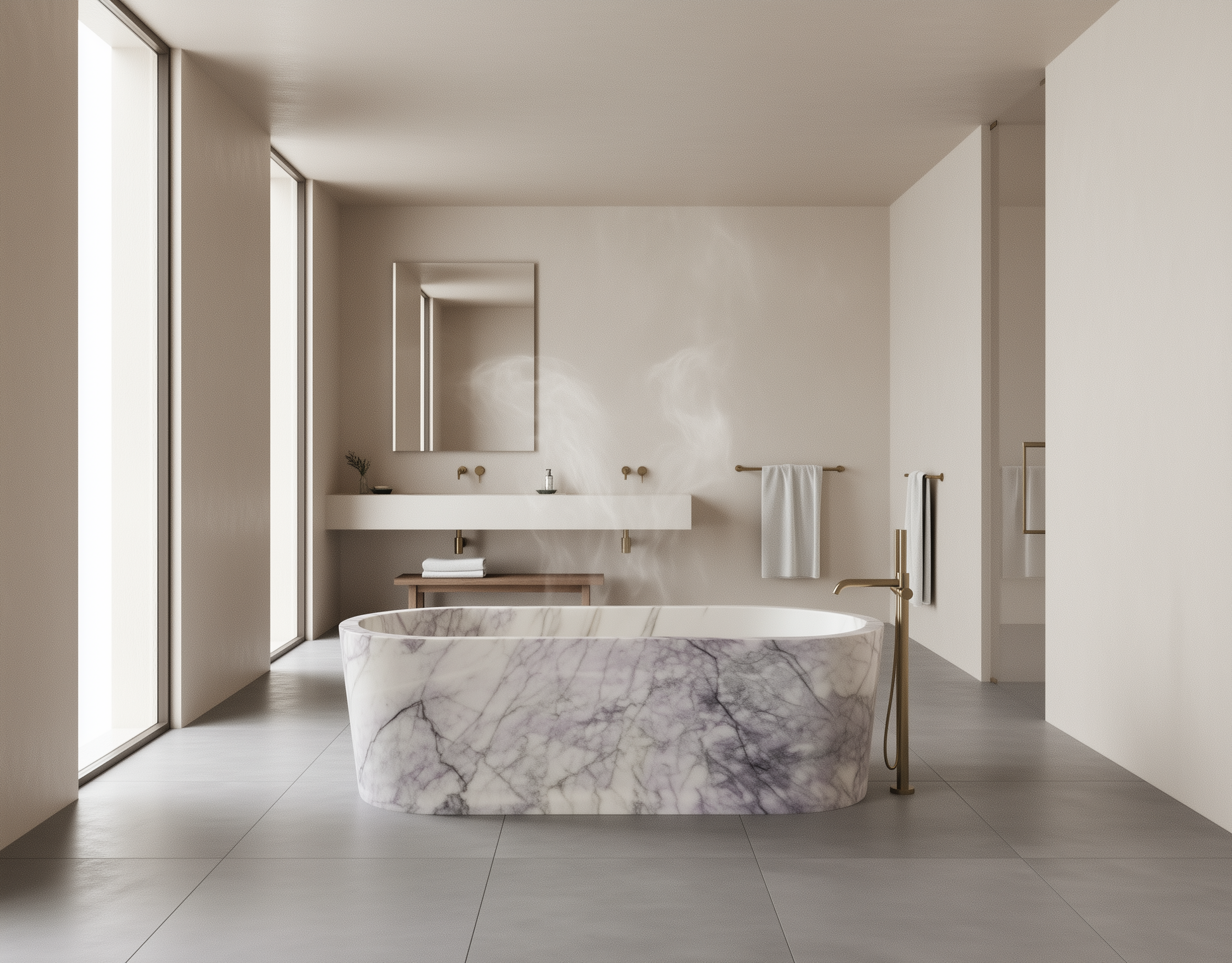 Modern bathroom with marble bathtub and large windows