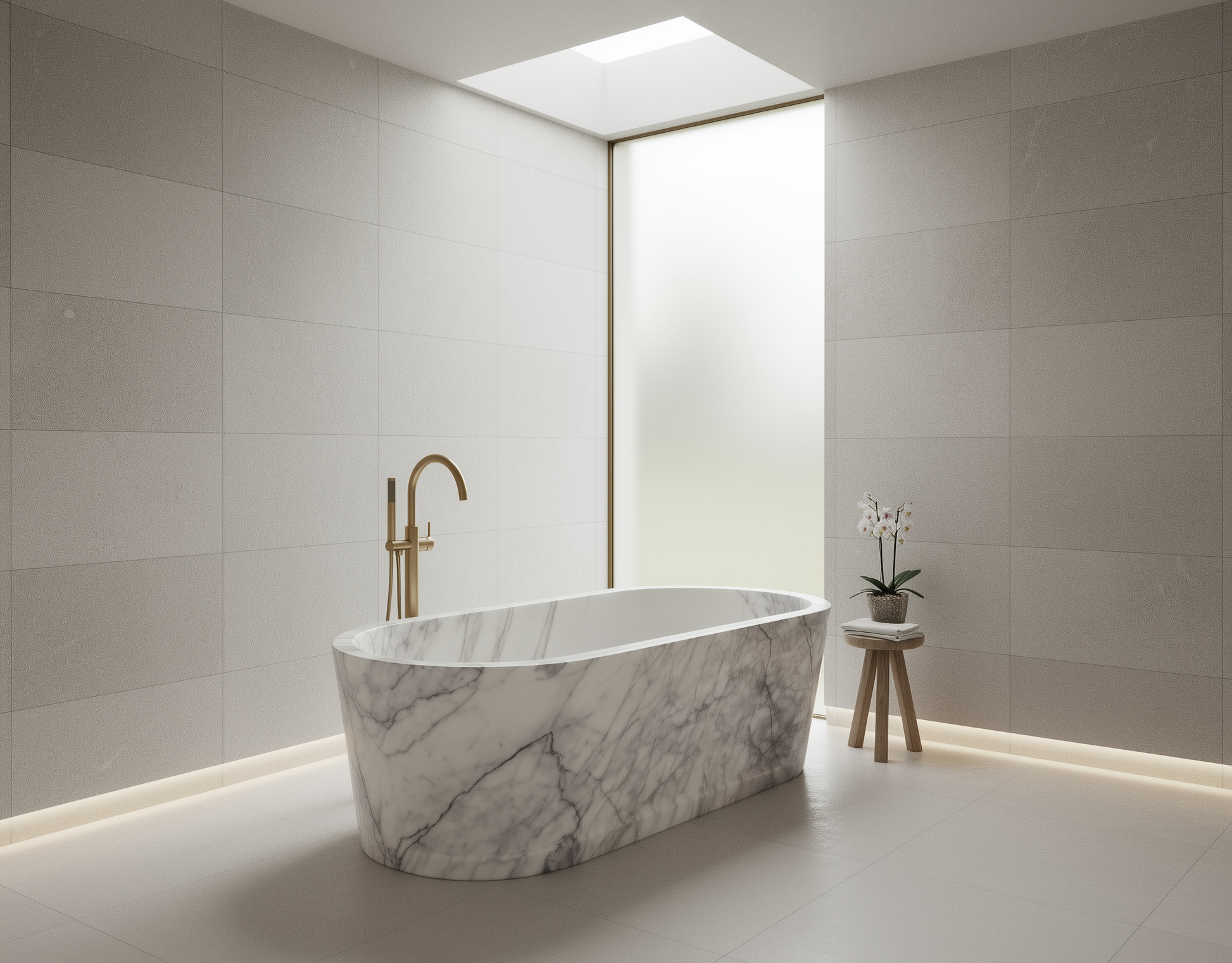 Modern bathroom with a marble bathtub and gold fixtures.