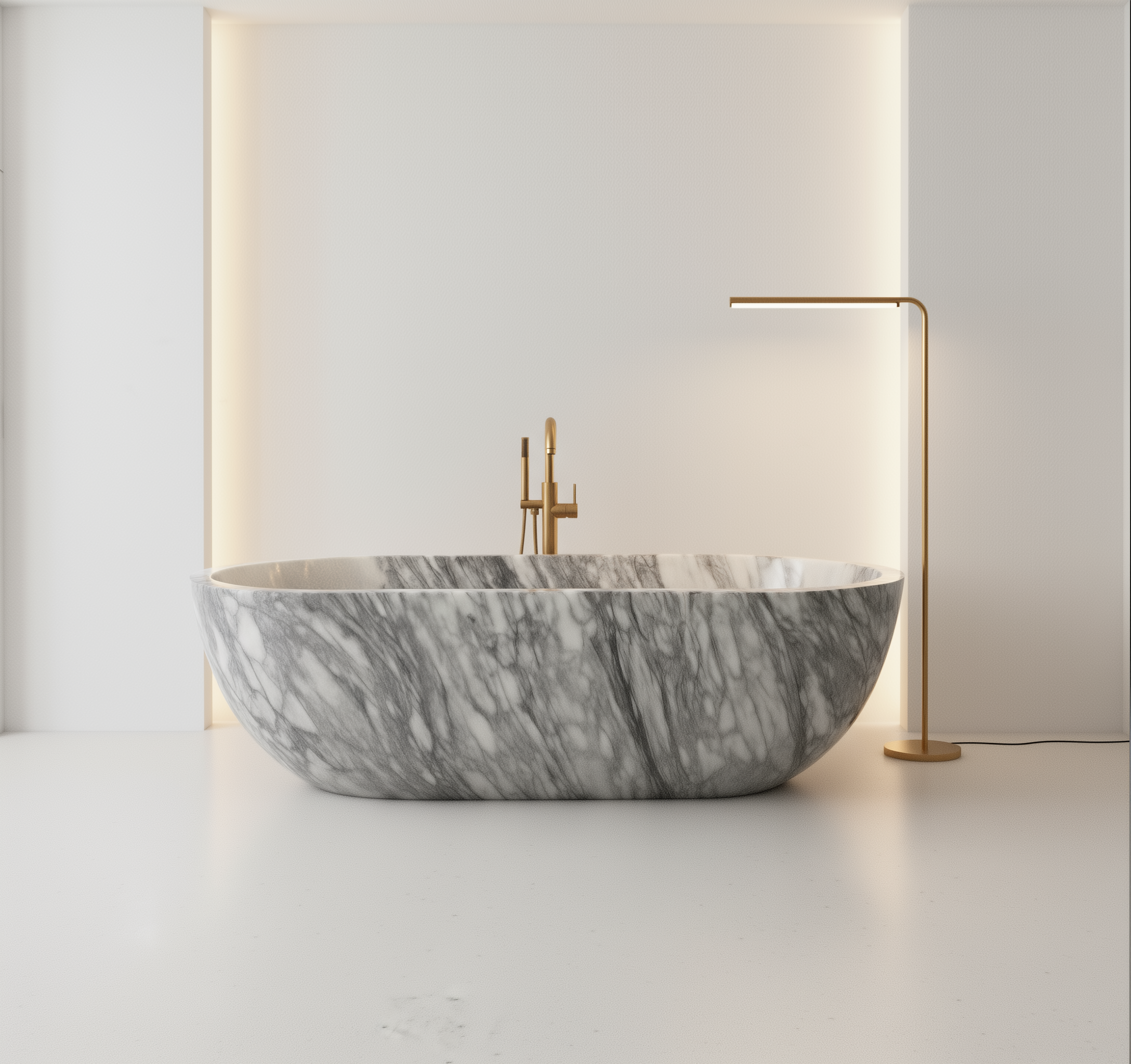 Milas Lilac marble freestanding bath carved from natural lilac marble with soft veining