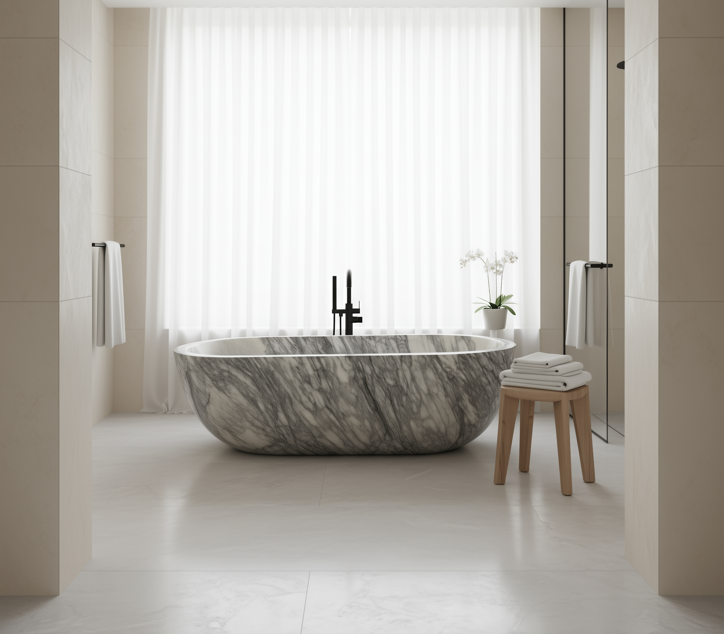 Modern bathroom with a marble bathtub and minimal decor