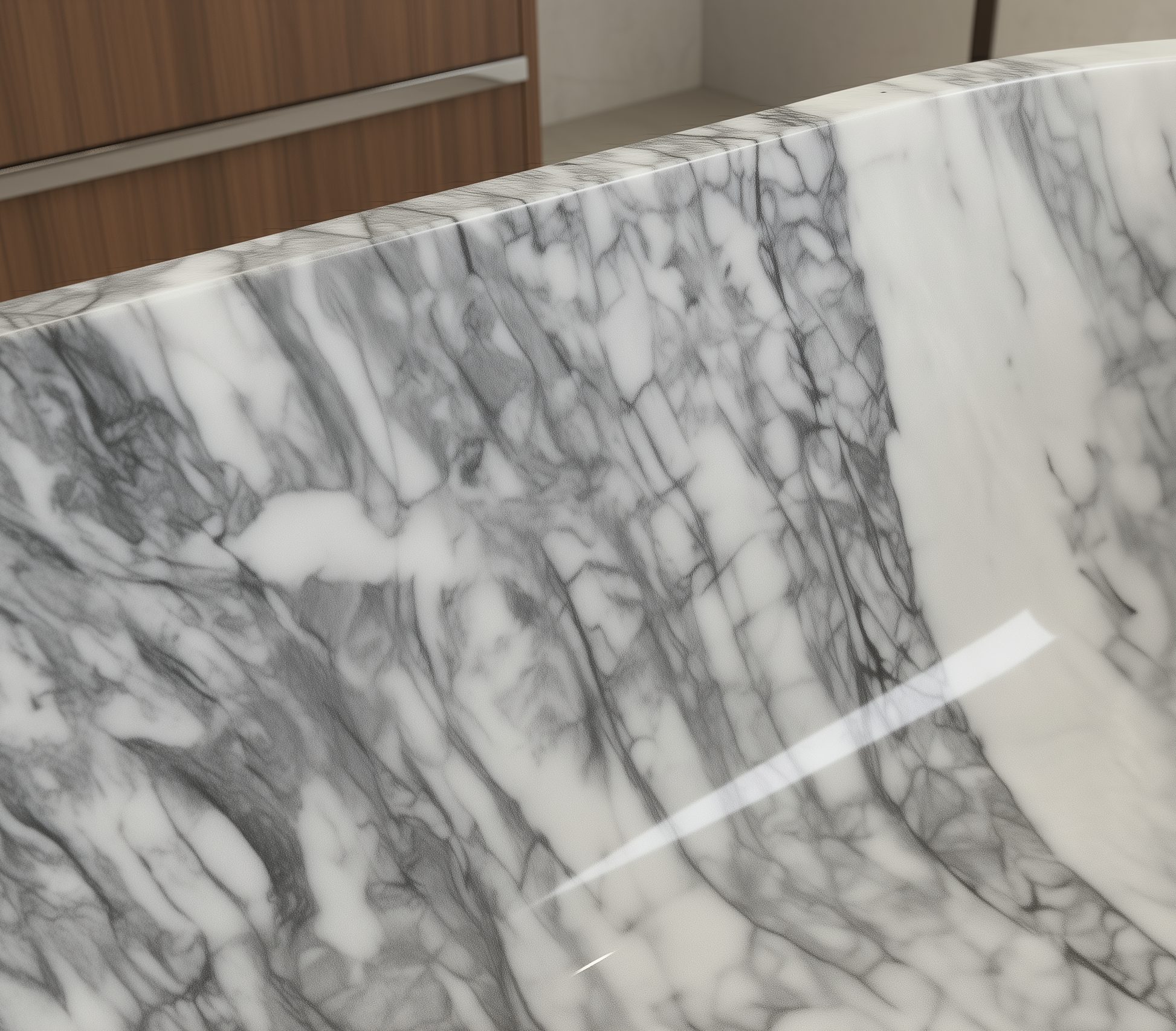 Close-up of a marble countertop with a kitchen setting in the background