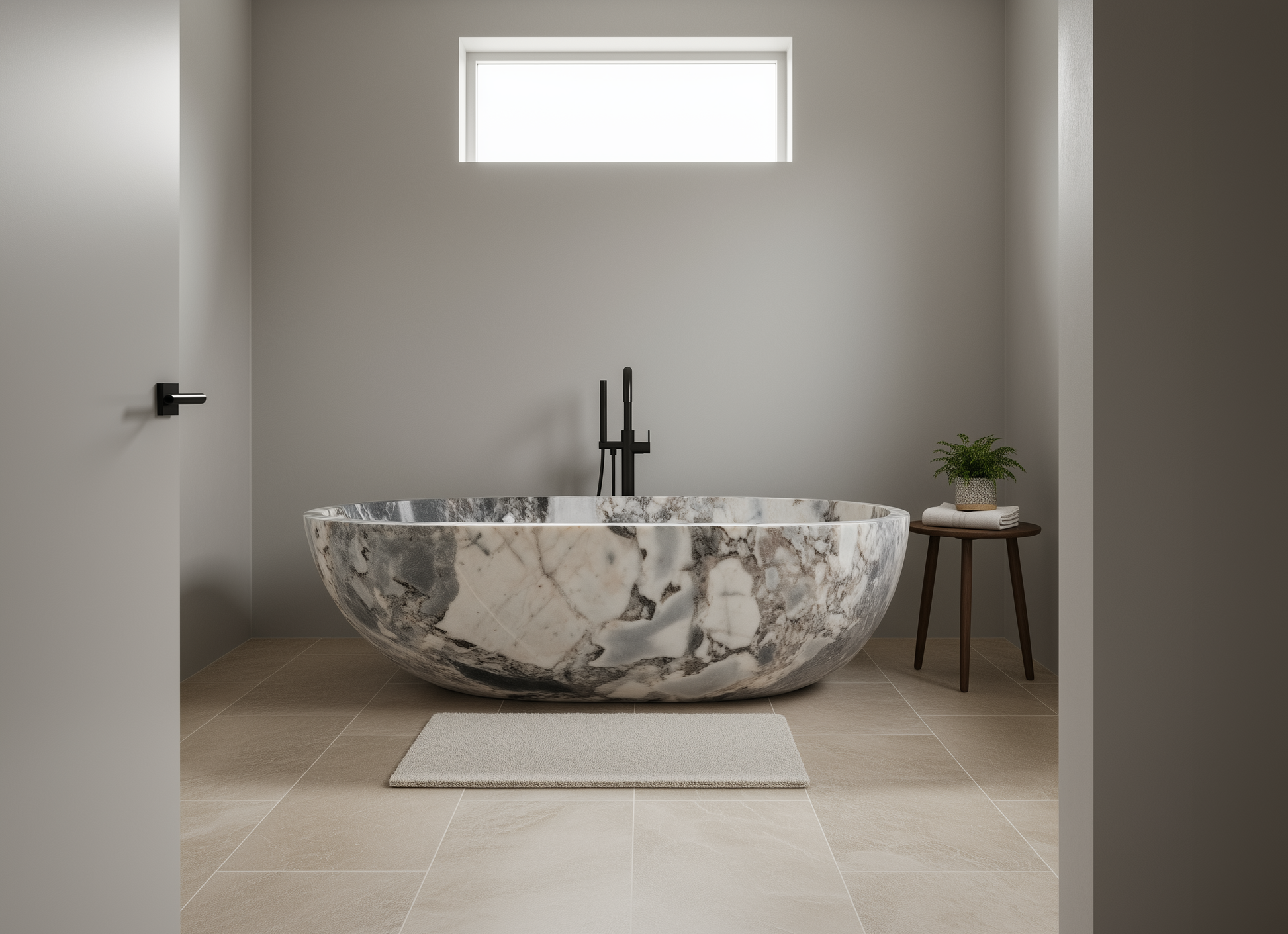 Marble-patterned freestanding bathtub in a modern bathroom with a neutral color scheme.