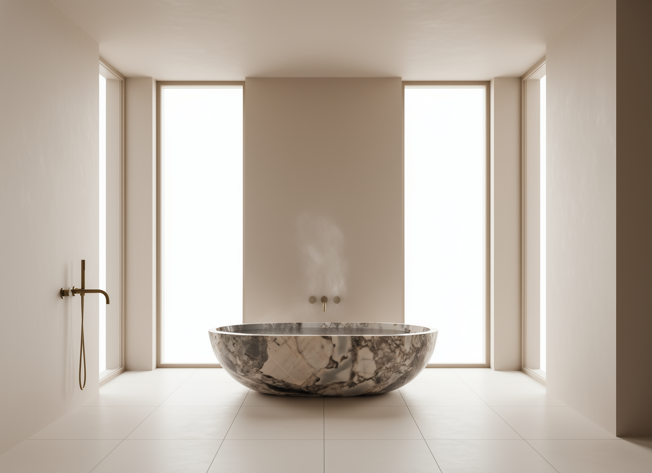 Marble bathtub in a modern bathroom with large windows.