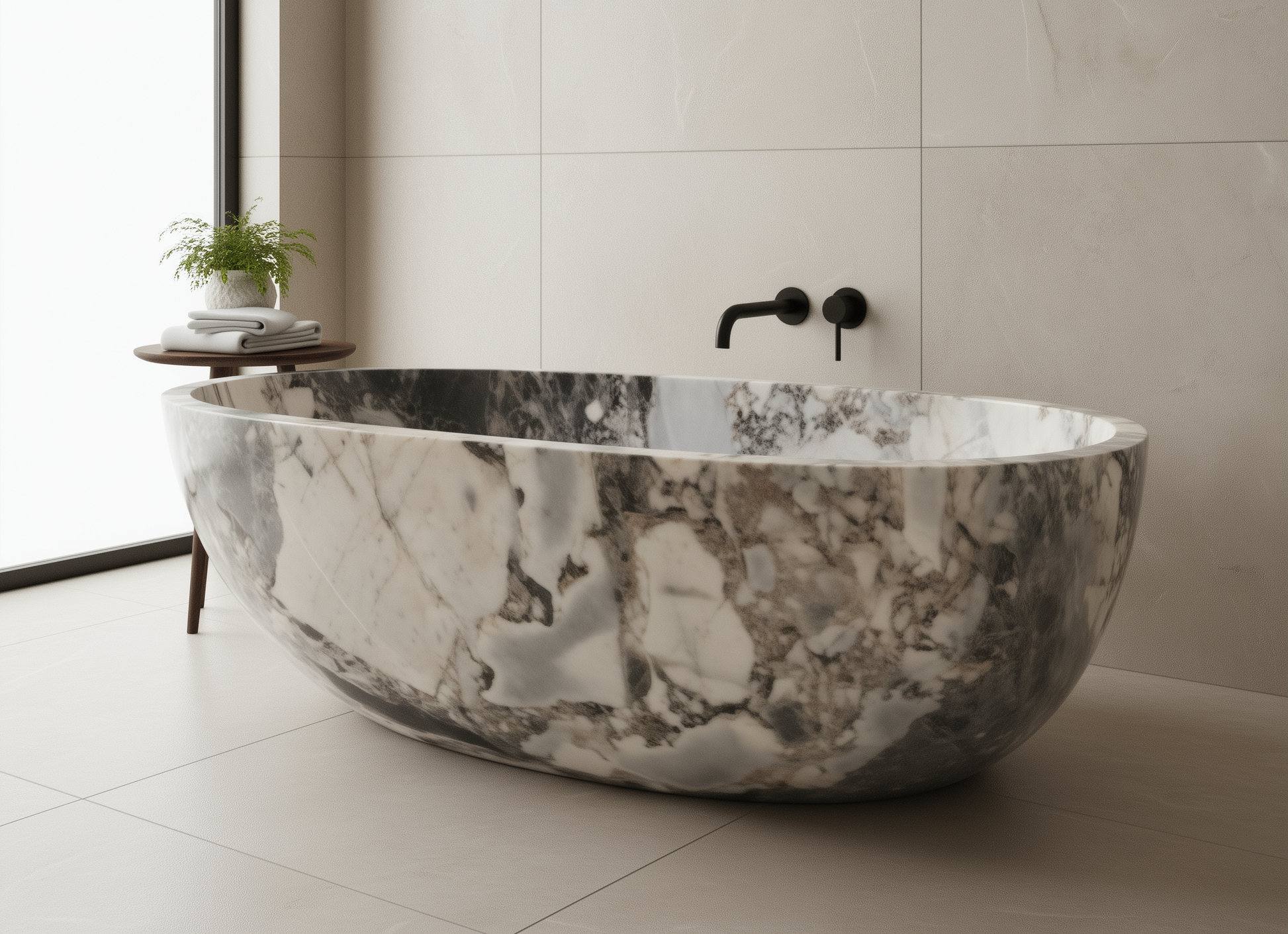 Marble-patterned freestanding bathtub in a bathroom setting with a tiled wall and plant.