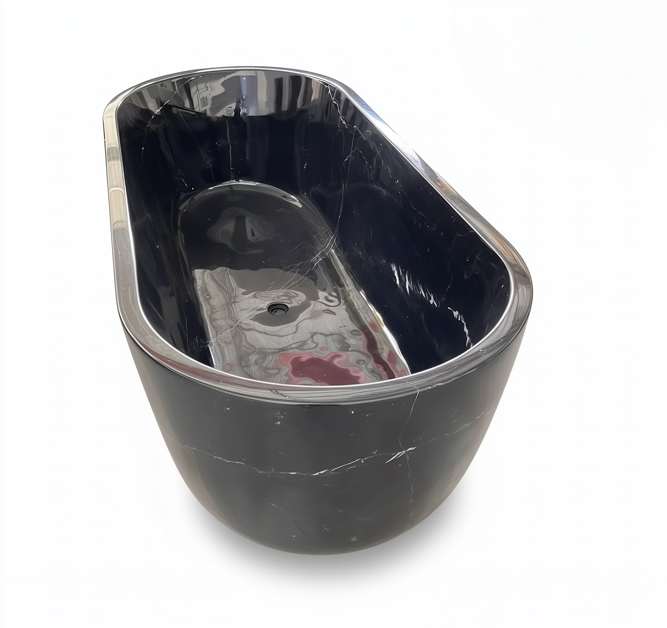 Nero Marquina black marble freestanding bath side profile.