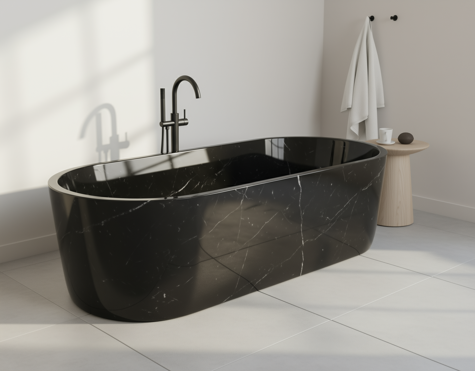Nero Marquina black marble freestanding bath carved from natural black marble with white veining photo
