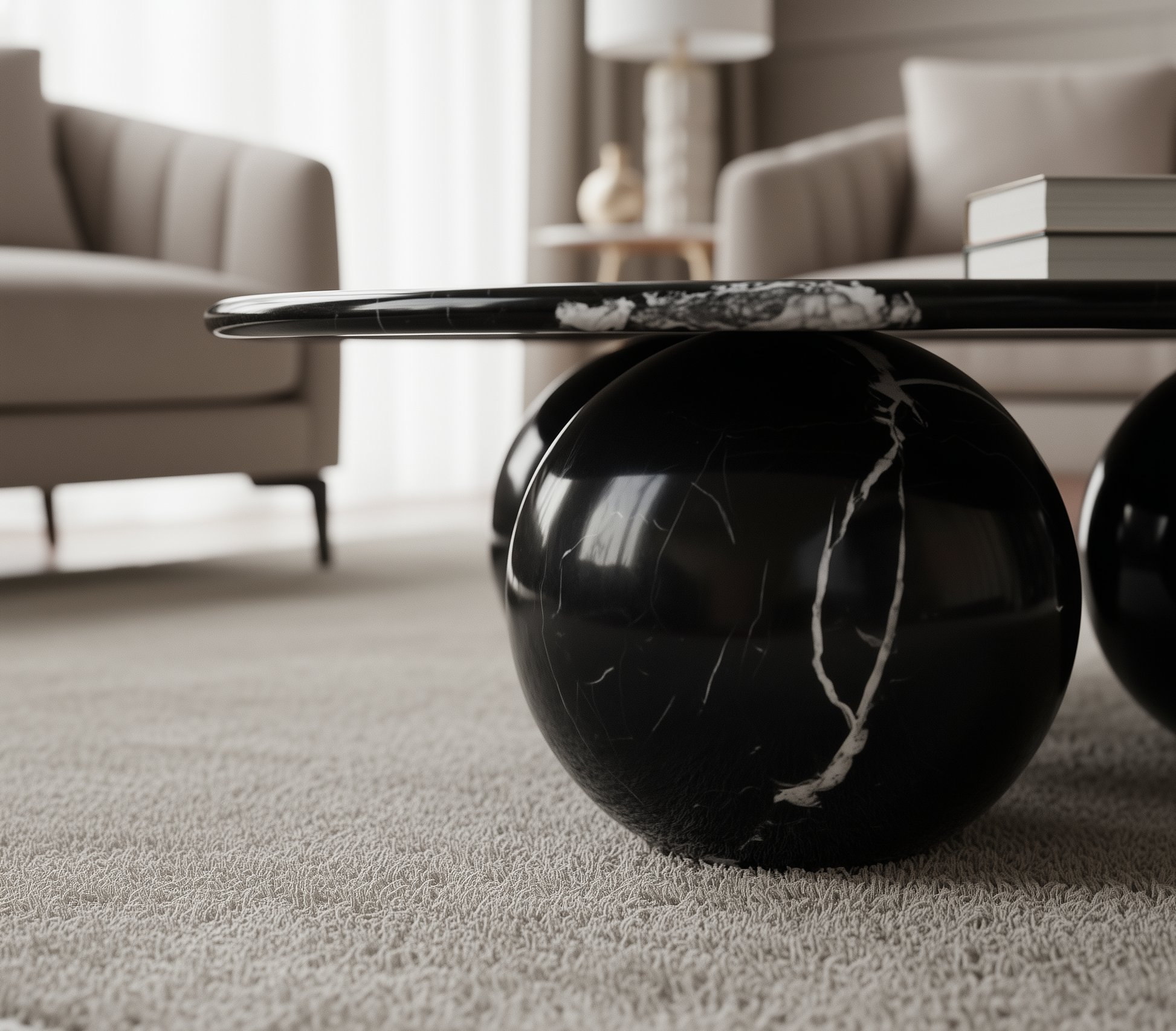 Modern black marble coffee table in a living room setting