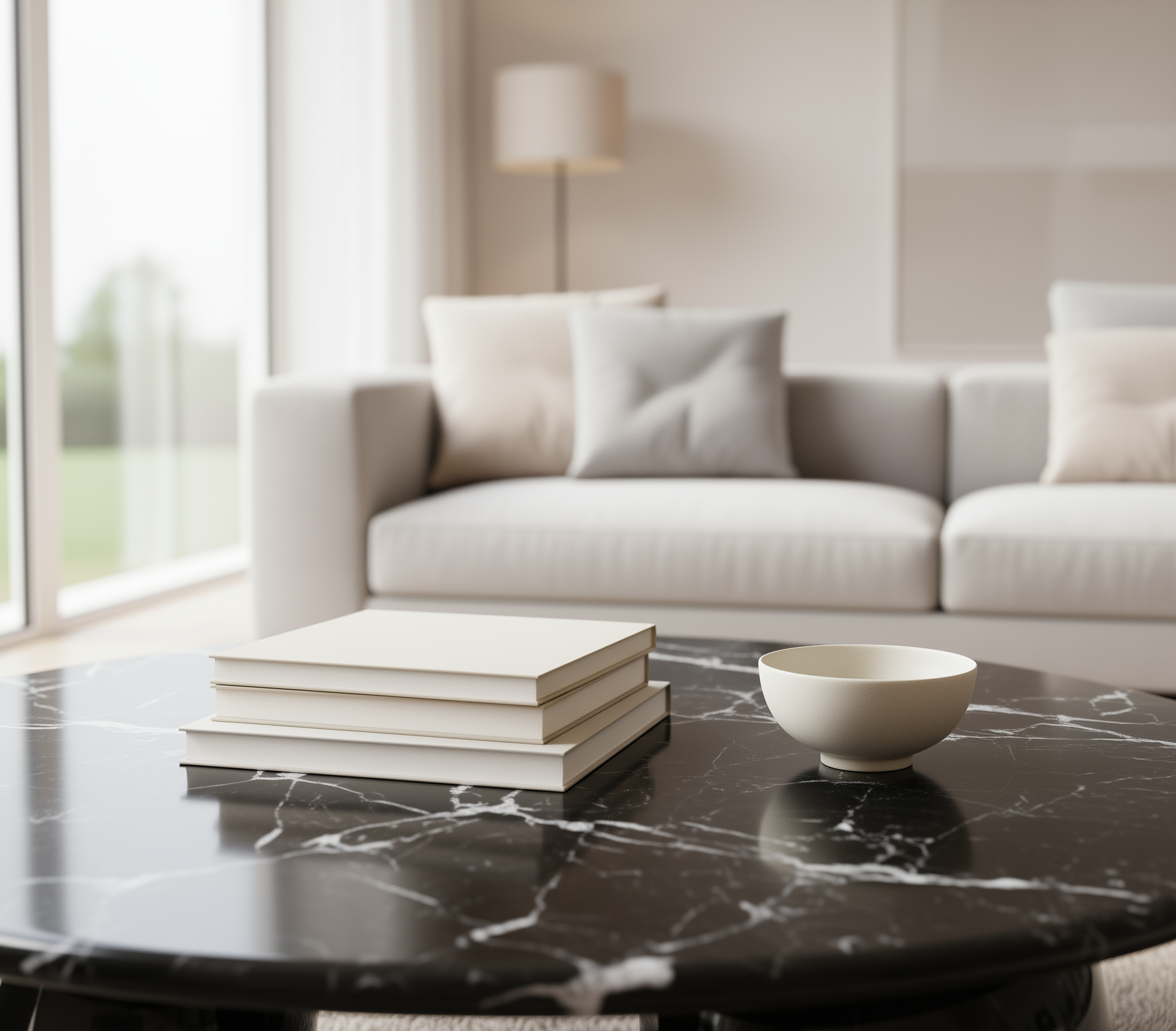 Modern living room with a marble coffee table, books, and a bowl.