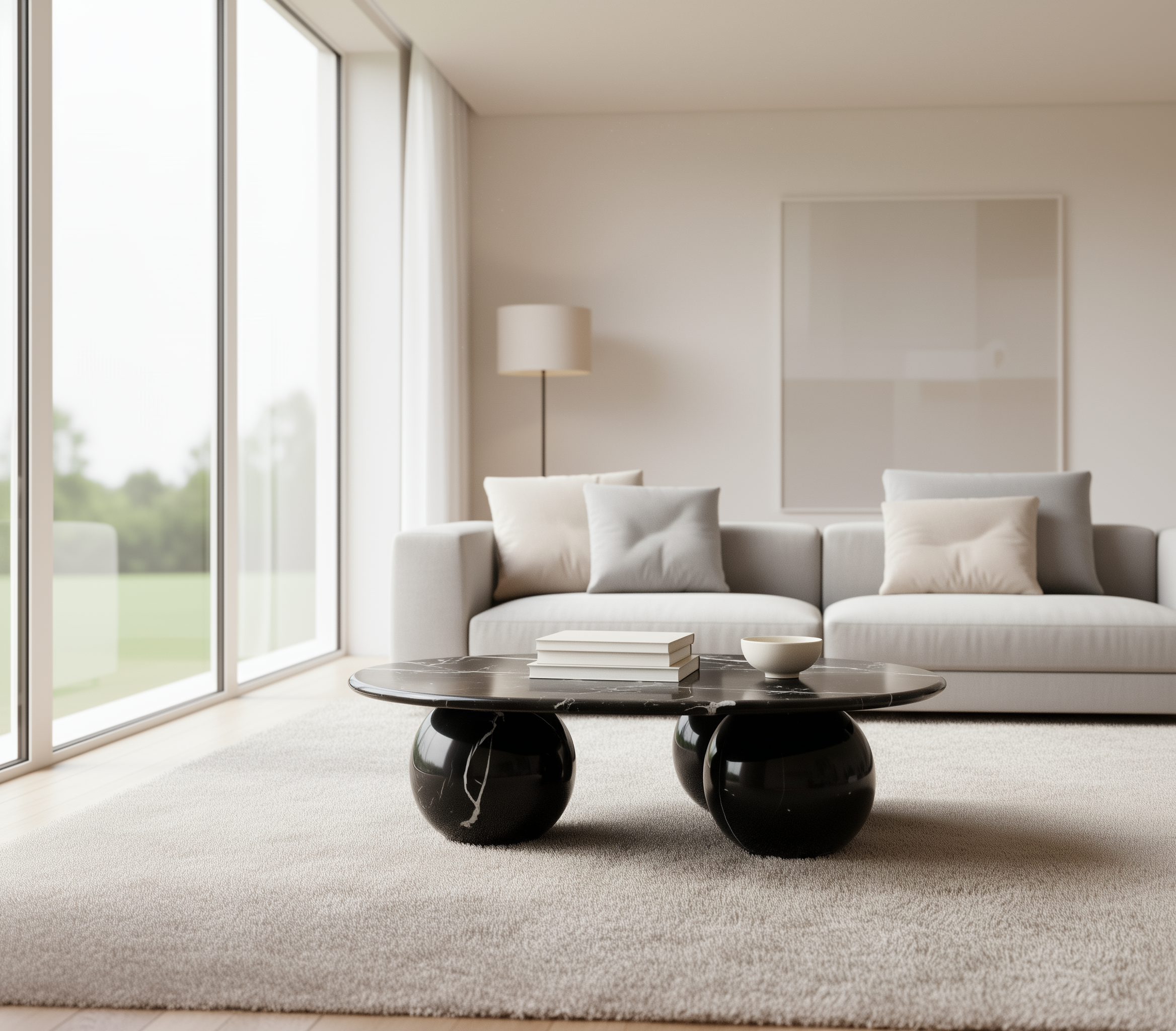 Modern living room with a gray sofa, black coffee table, and large windows.