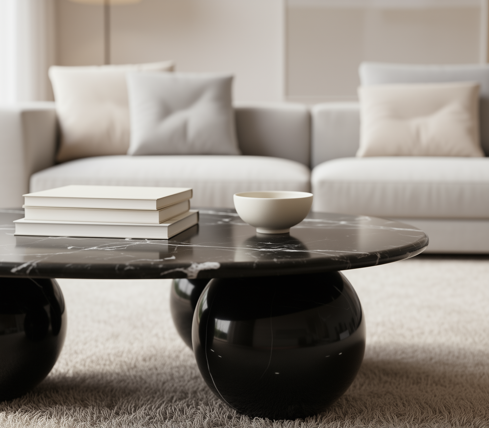 Modern living room with a black marble coffee table and white sofa.