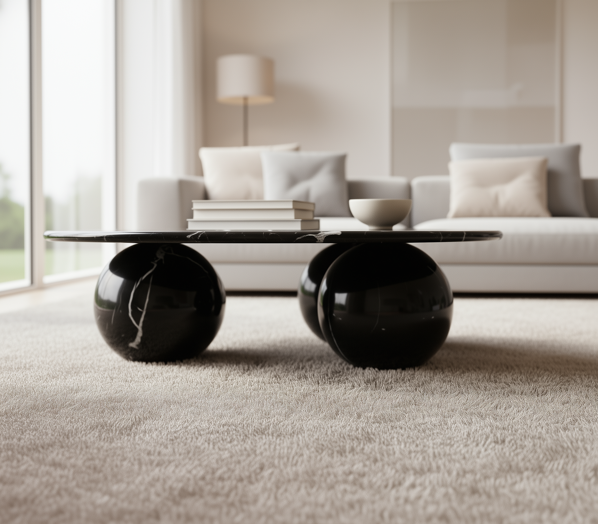 Modern black marble coffee table in a living room setting with a sofa and lamp.