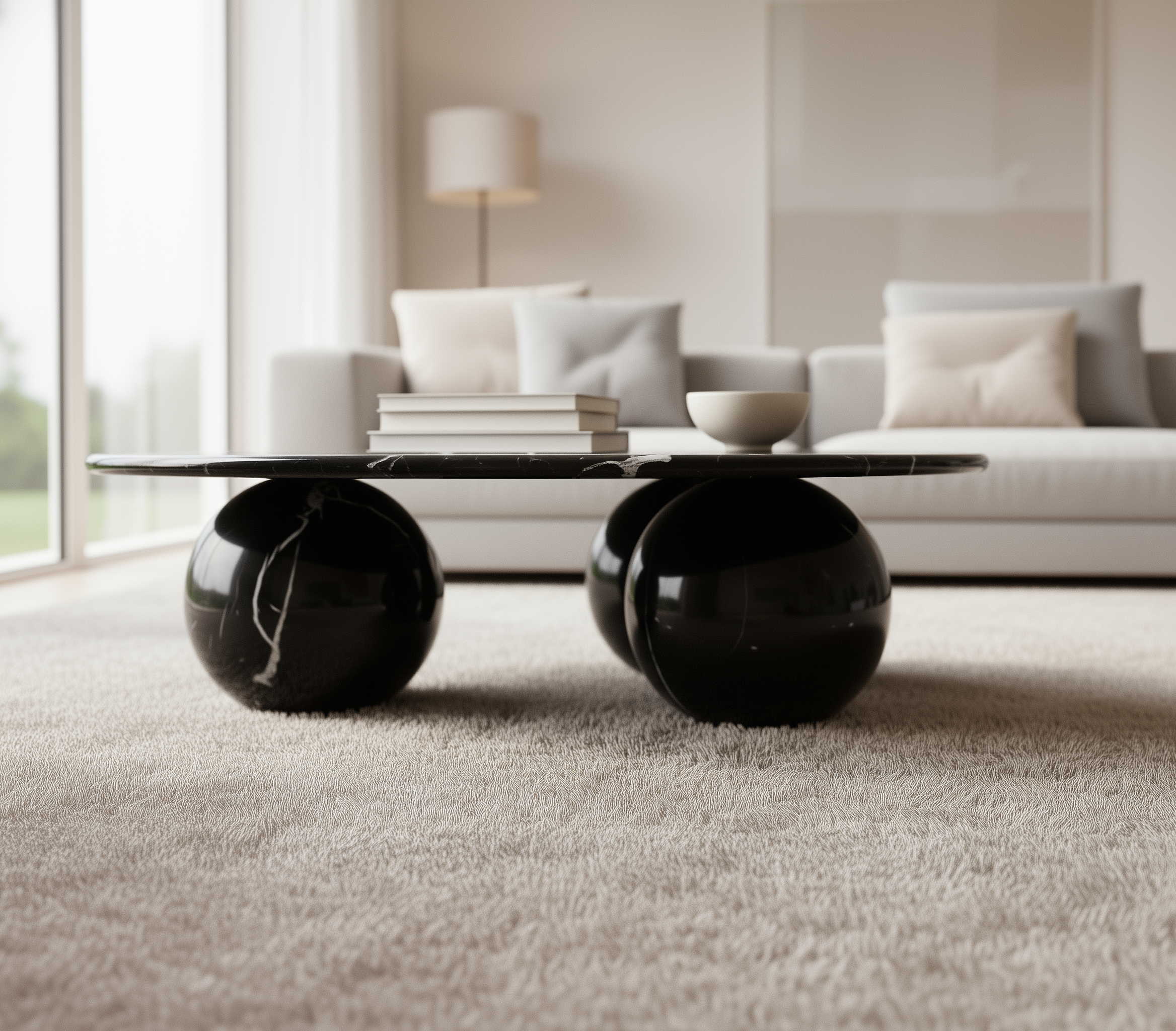 Modern black marble coffee table in a living room setting with a sofa and lamp.