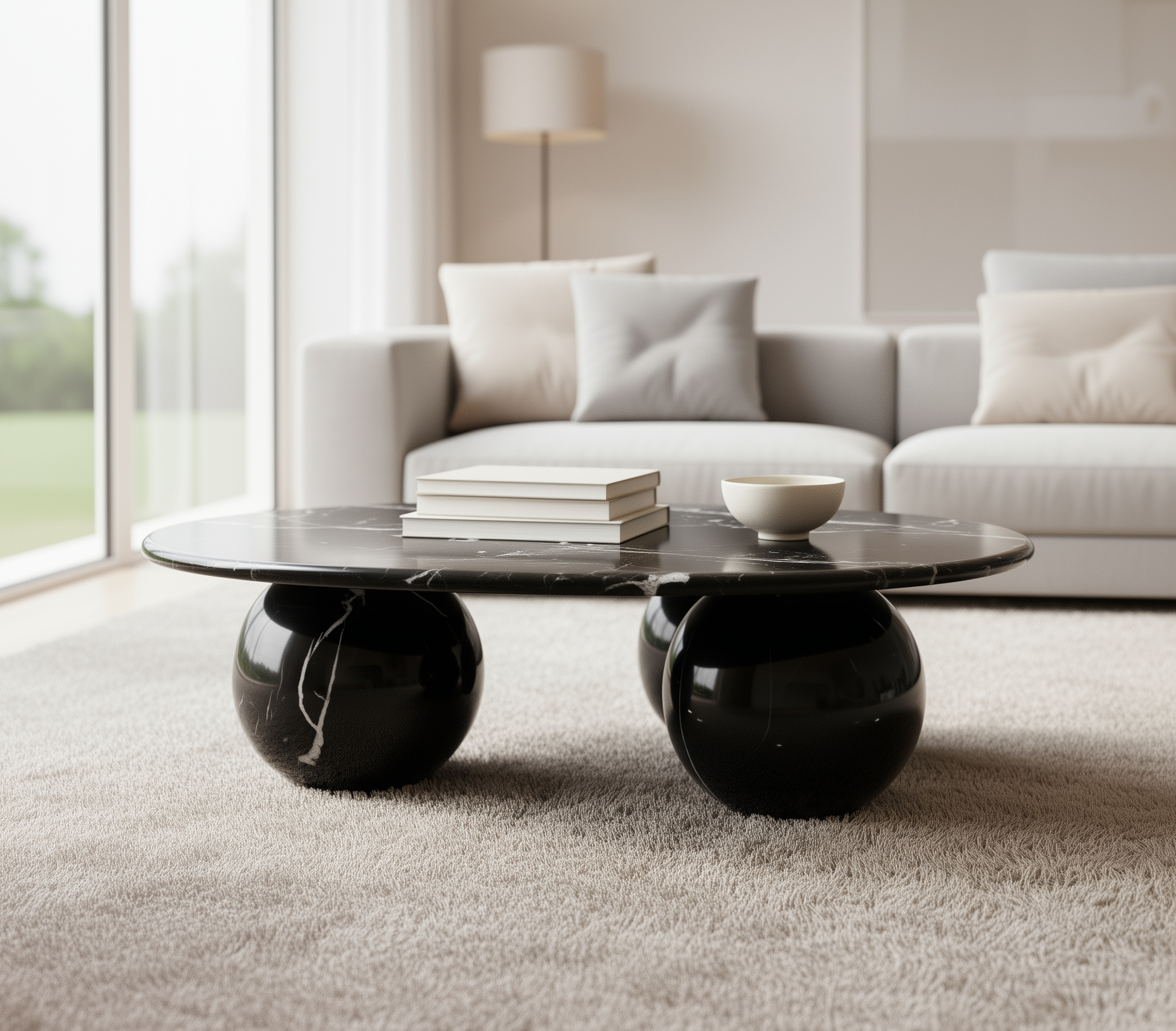 Nero Marquina round marble coffee table with sculptural sphere legs