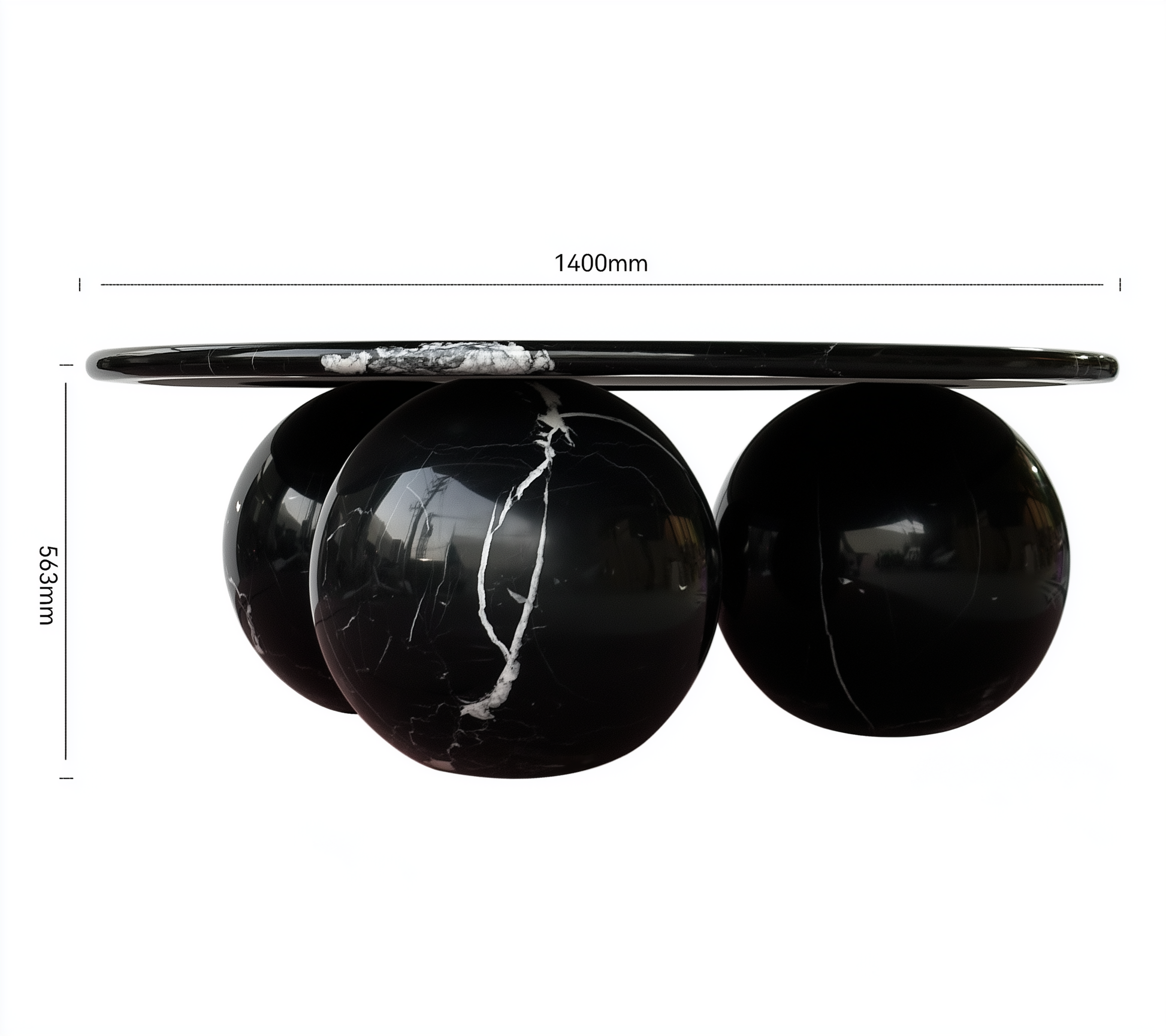 Black marble coffee table with dimensions on a white background