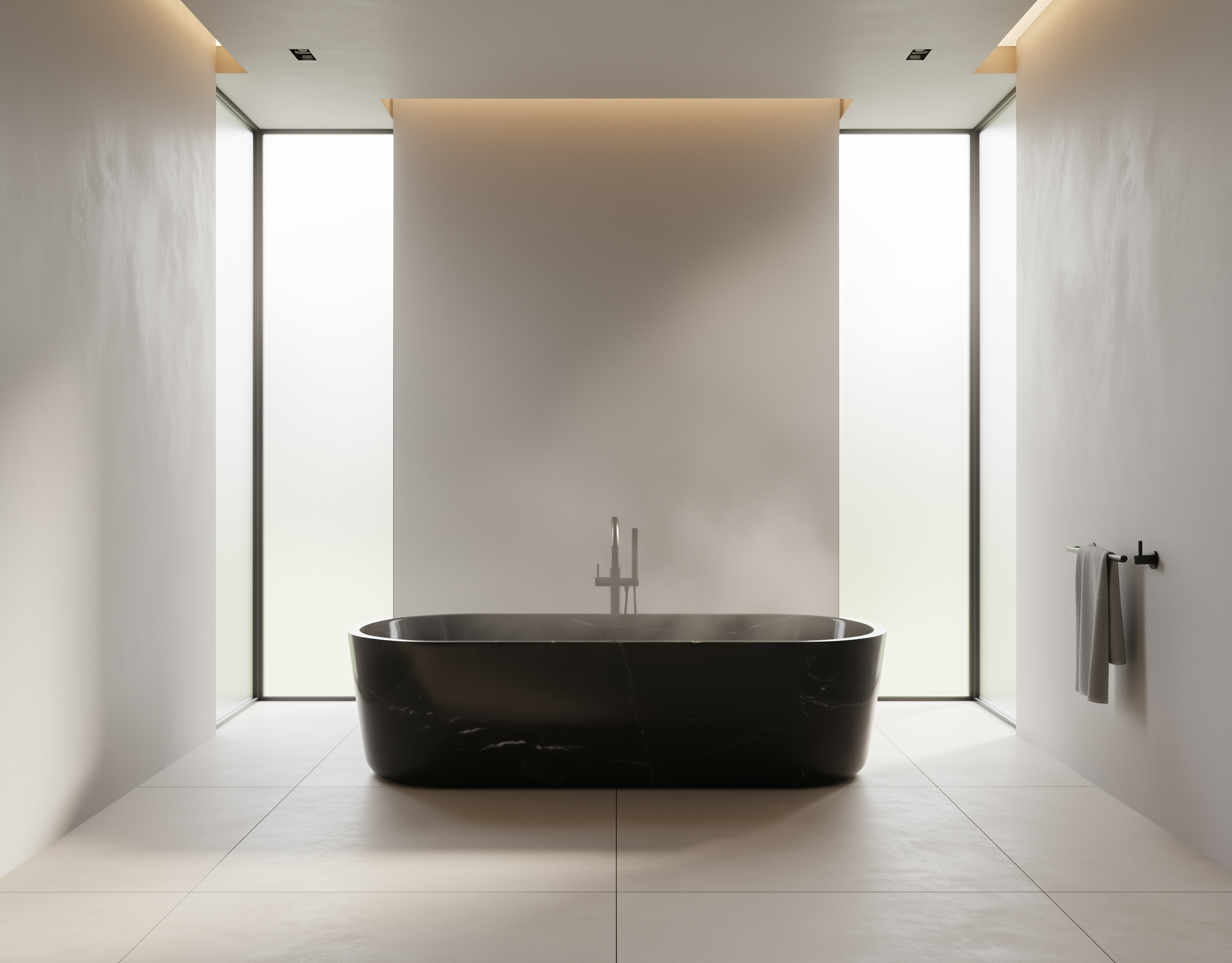 Modern bathroom with a black freestanding bathtub in a minimalistic setting.
