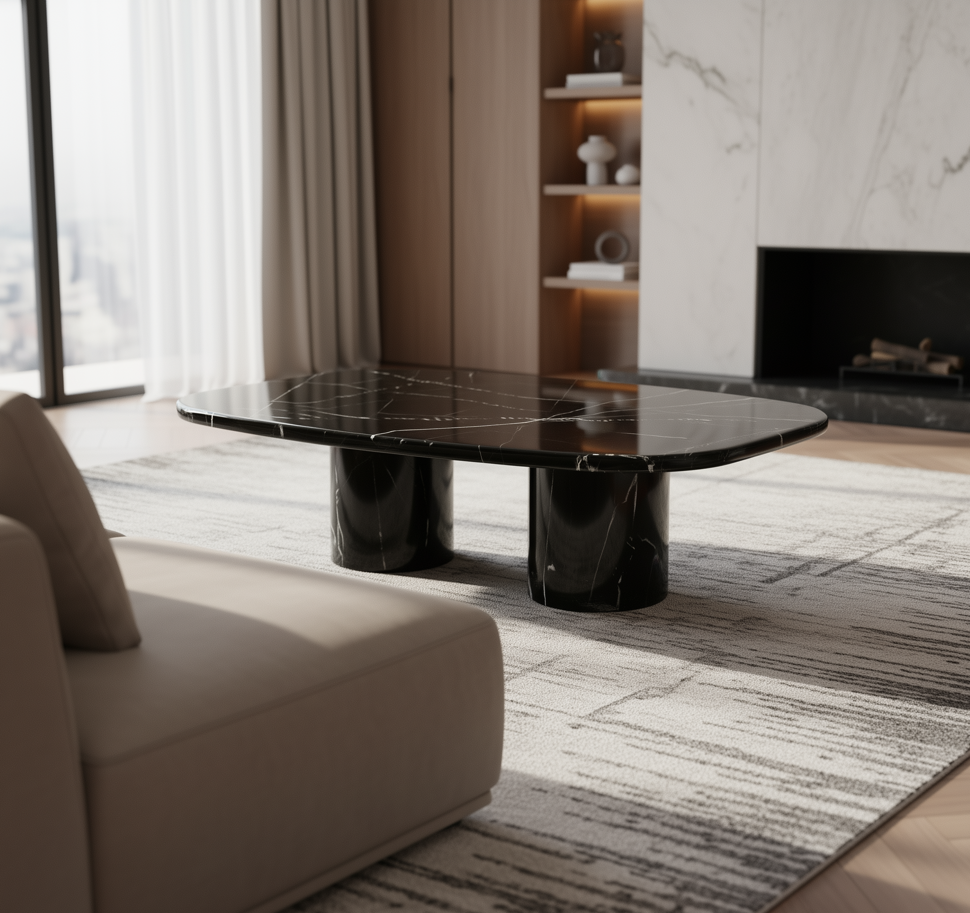 Modern living room with a black marble coffee table and beige sofa.