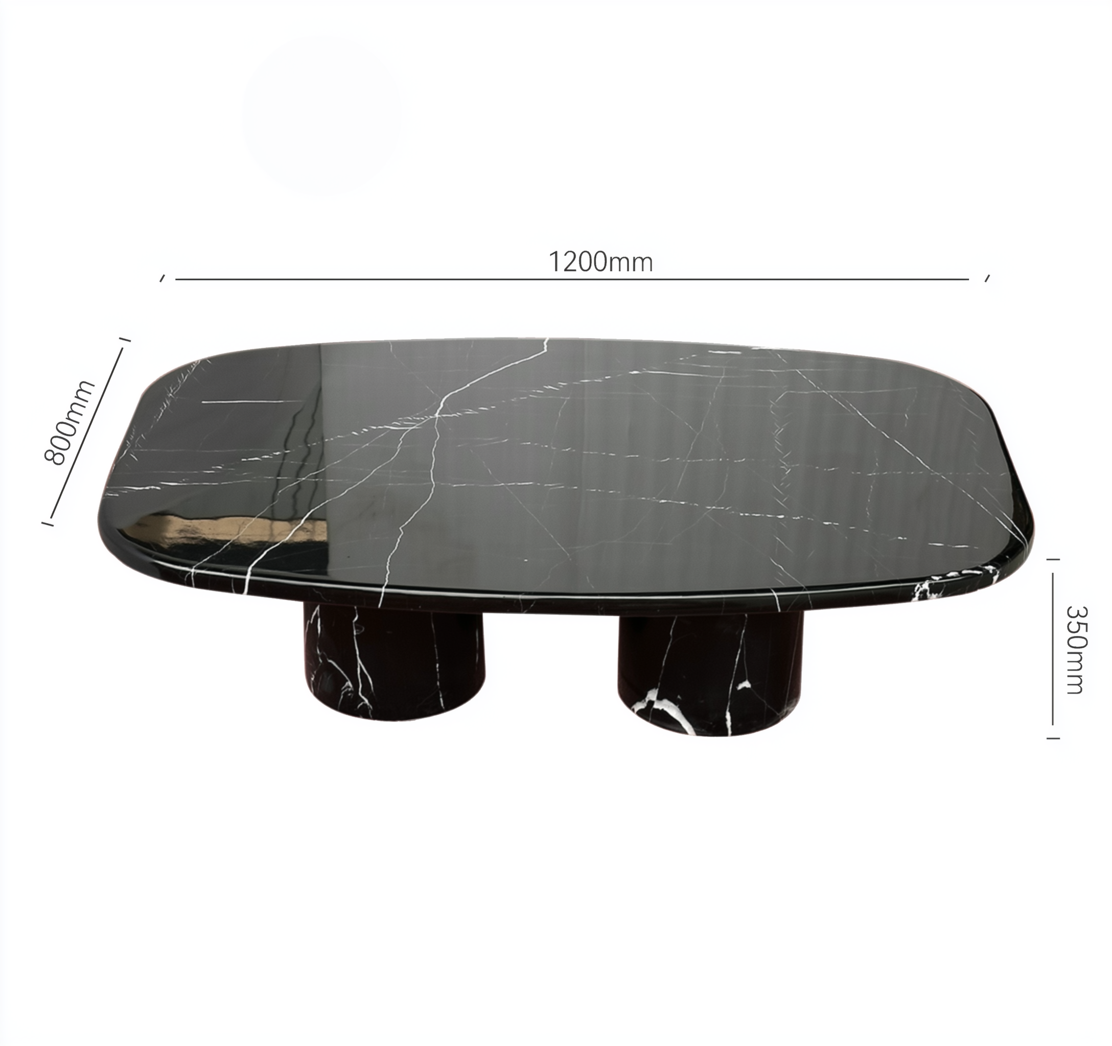 Black marble coffee table with dimensions on a white background