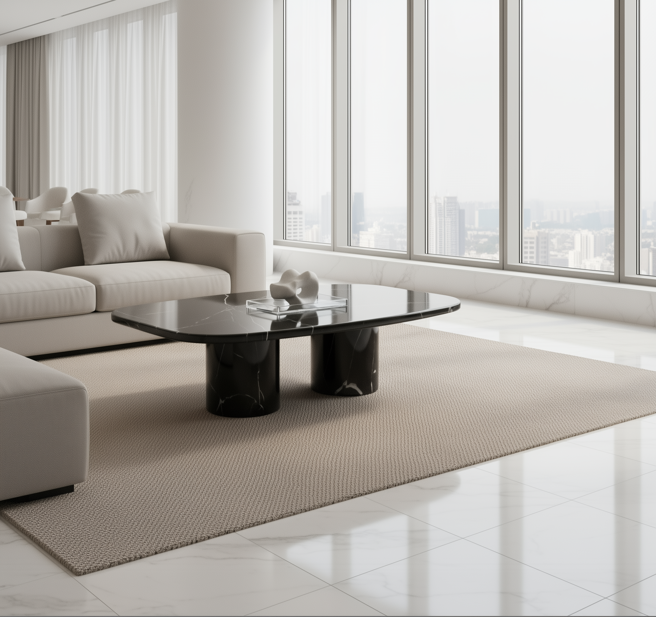 Modern living room with a black coffee table and large windows.