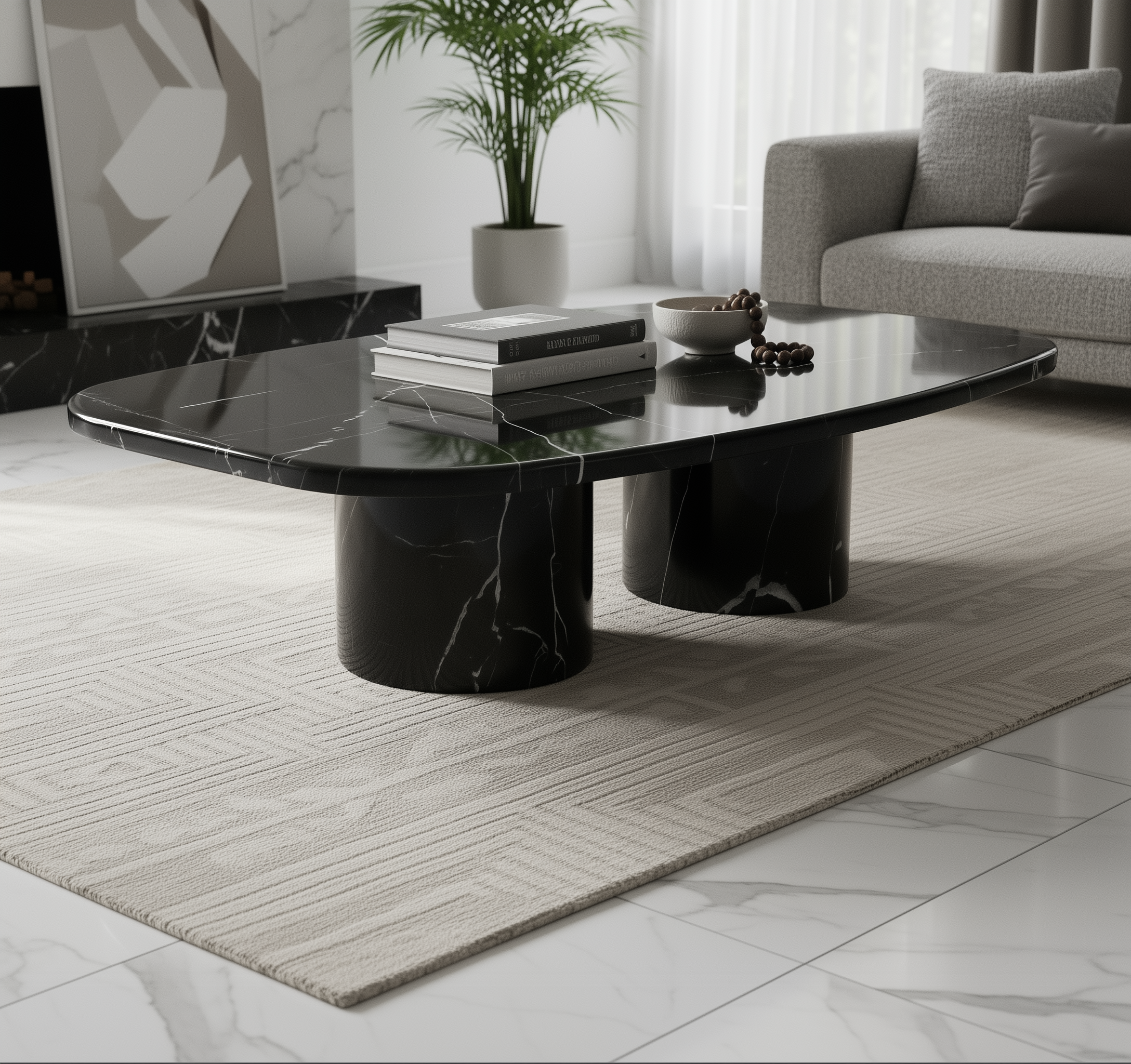 Nero Marquina rectangular marble coffee table with dual cylindrical legs