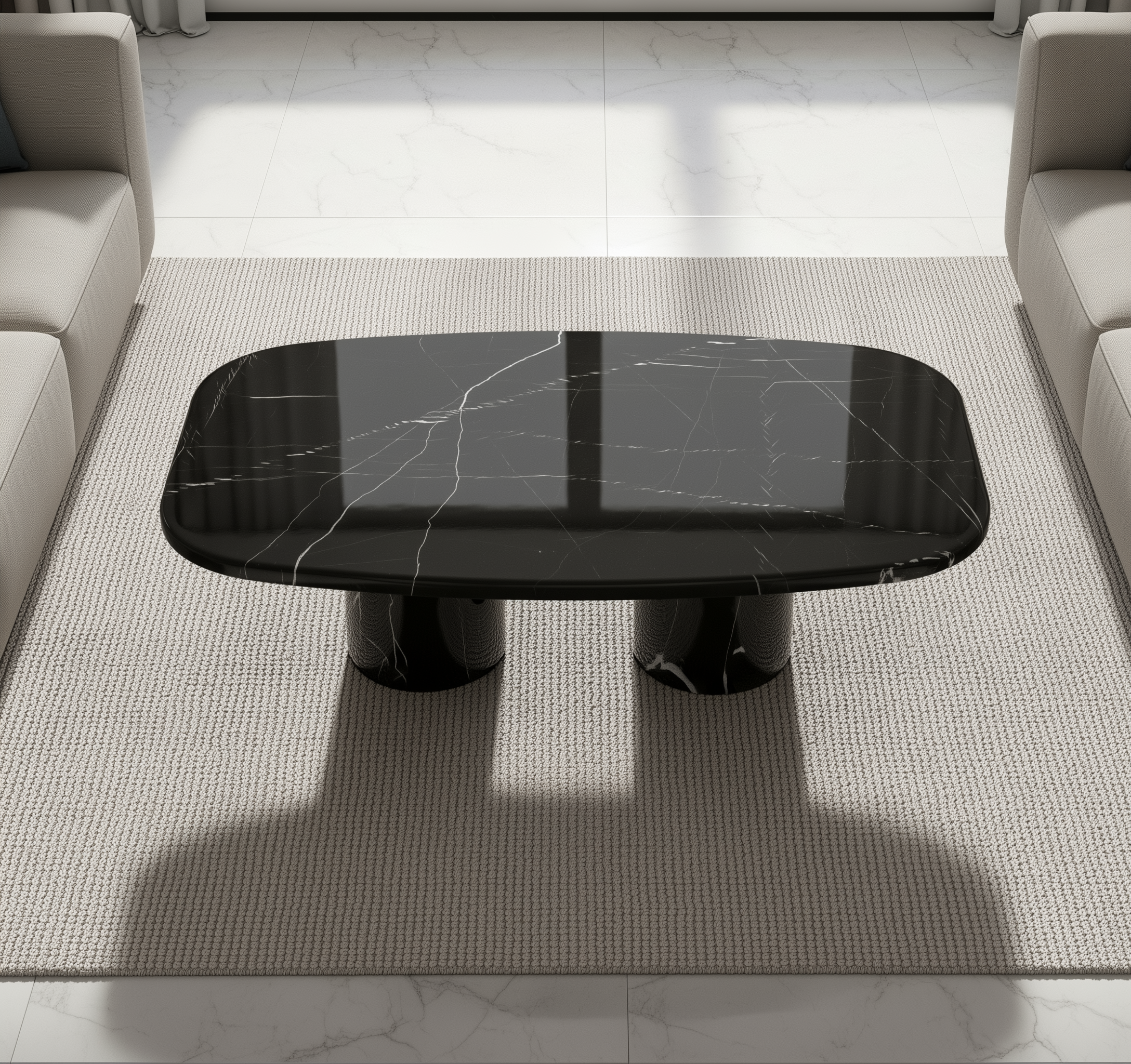 Black marble coffee table in a living room setting with beige sofas and a rug.