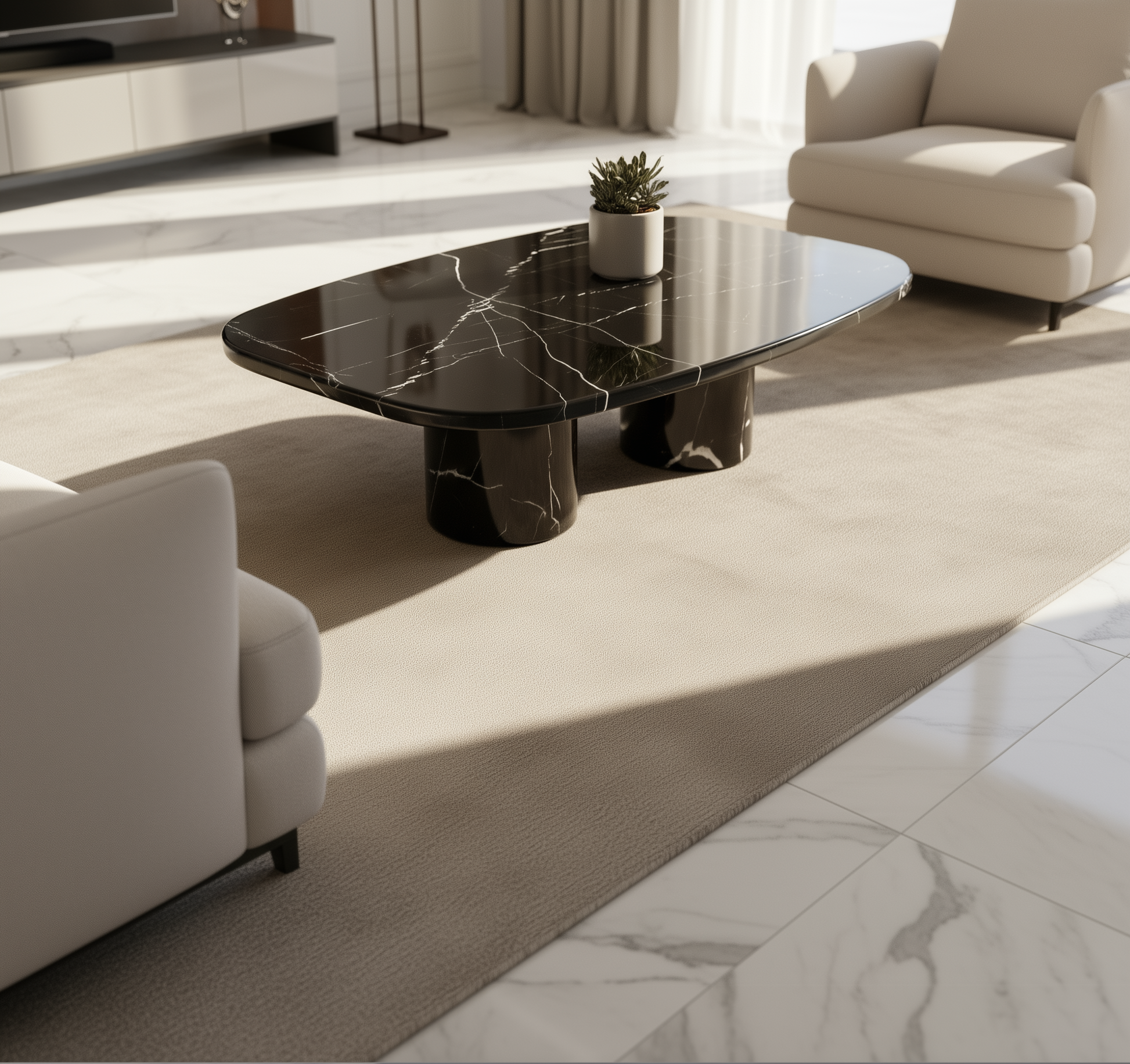 Modern living room with a black marble coffee table and beige sofa.