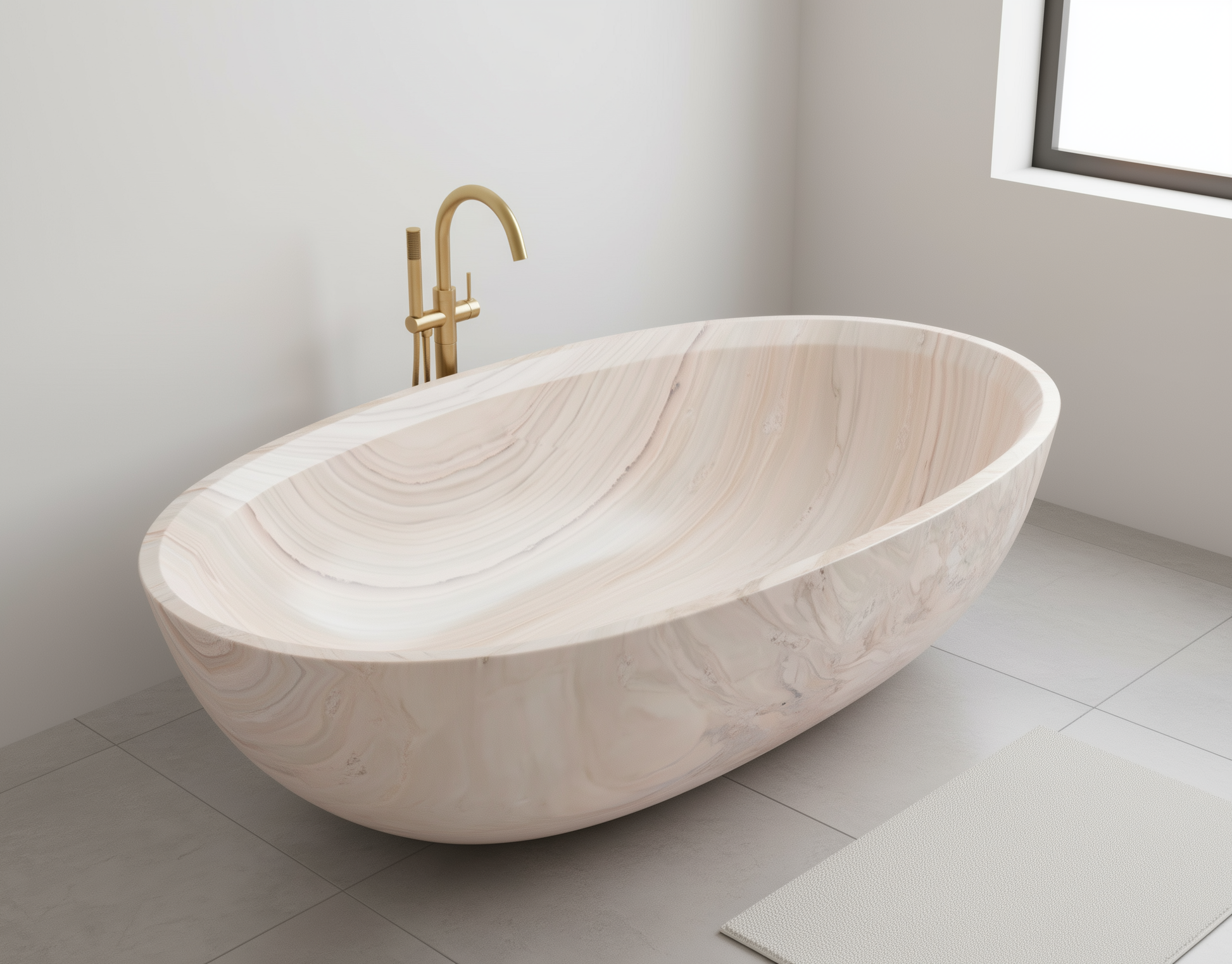 Marble bathtub with gold faucet in a bathroom setting