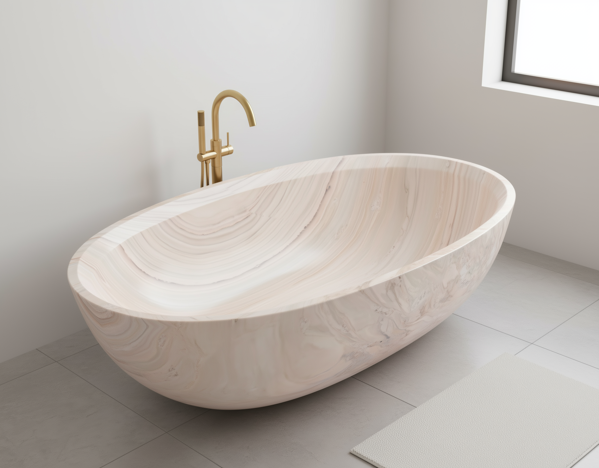 Marble bathtub with gold faucet in a bathroom setting