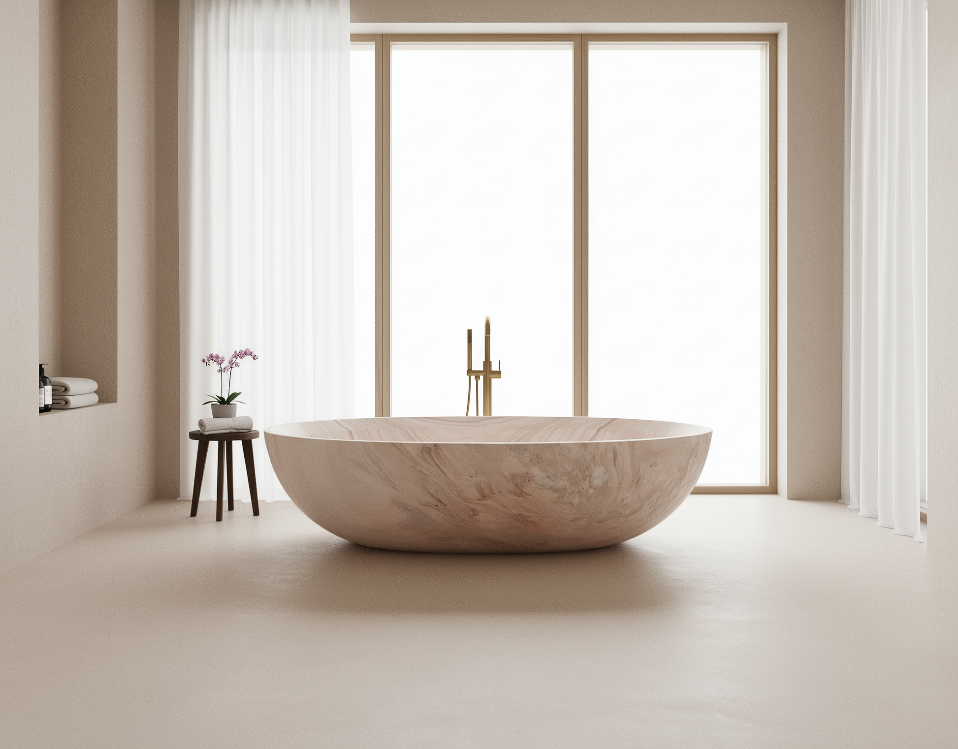 Marble bathtub in a modern bathroom with large windows