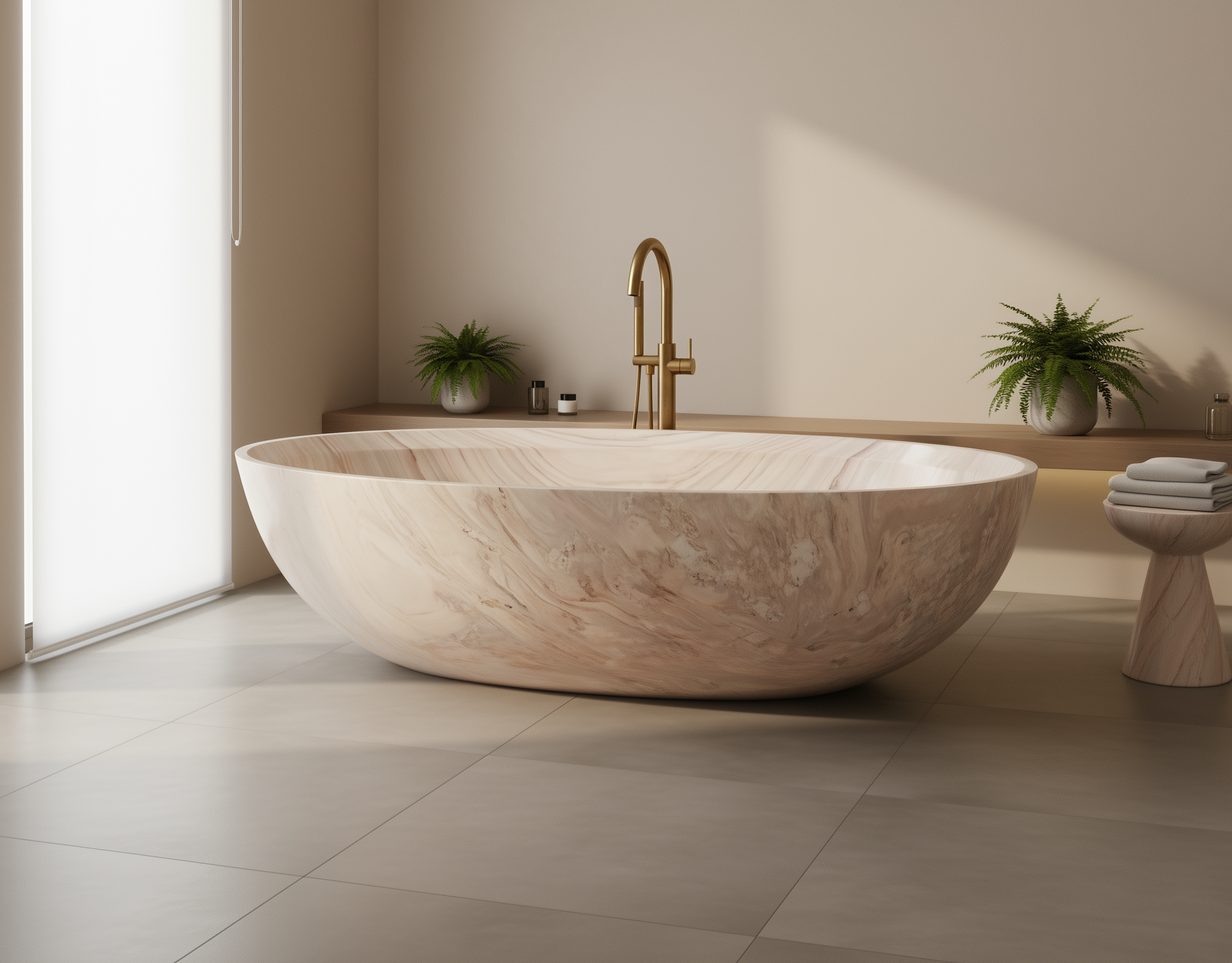 Modern bathroom with a stone bathtub and gold faucet