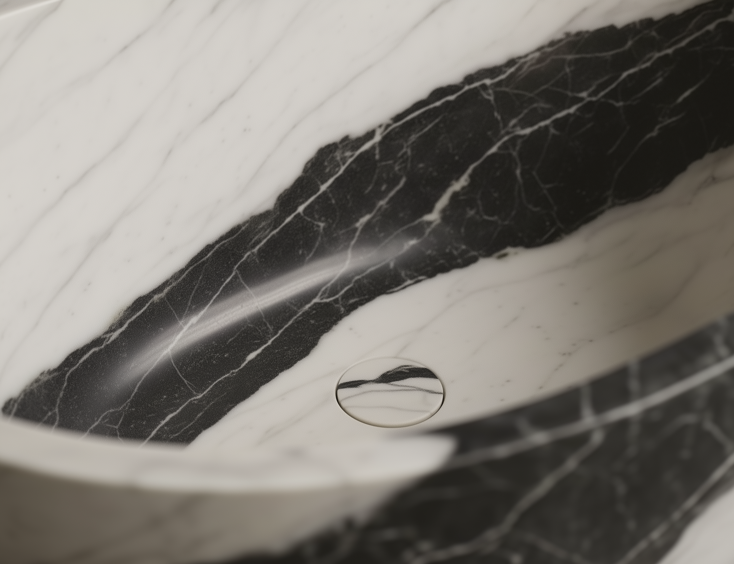 Close-up of a marble-patterned surface with a logo in the center.