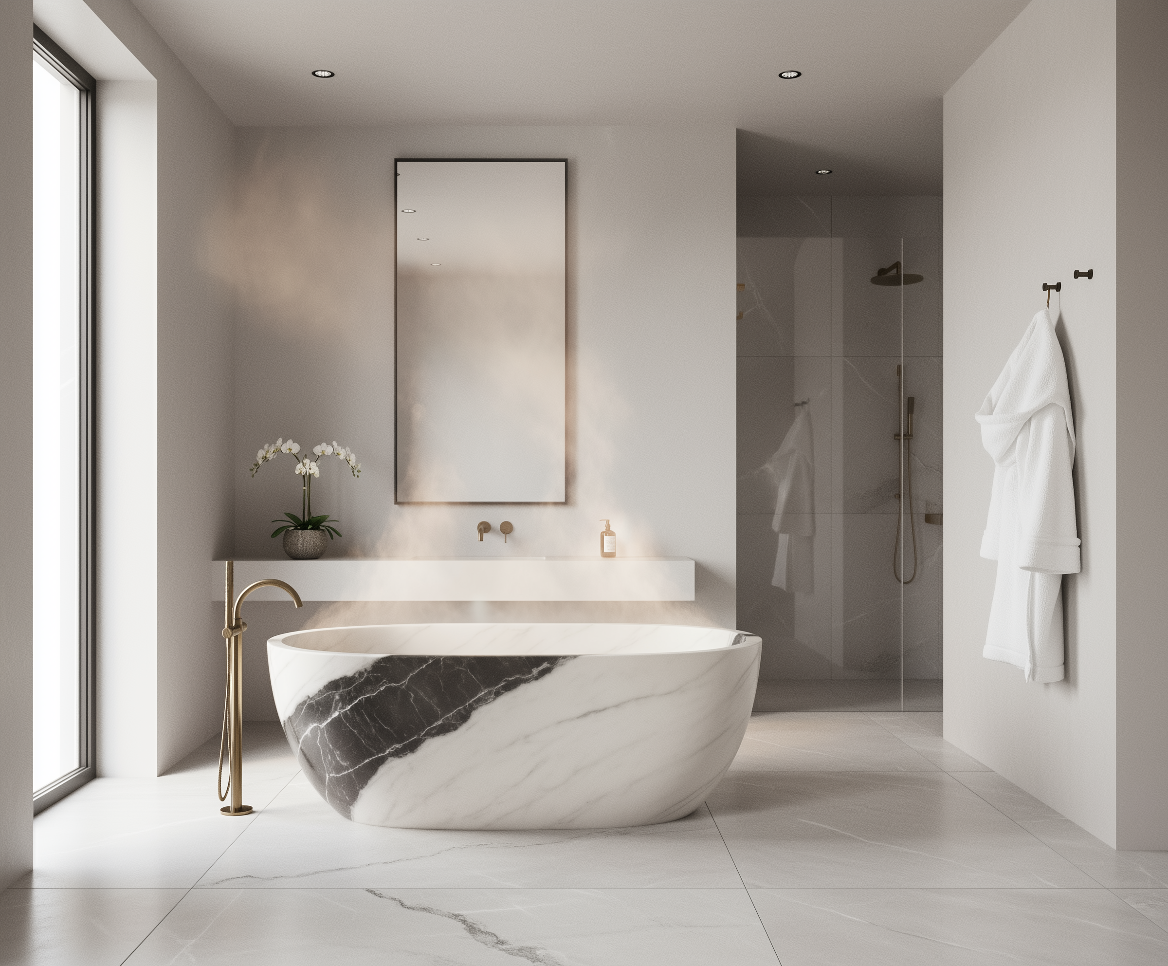 Modern bathroom with a marble bathtub, sink, and mirror.
