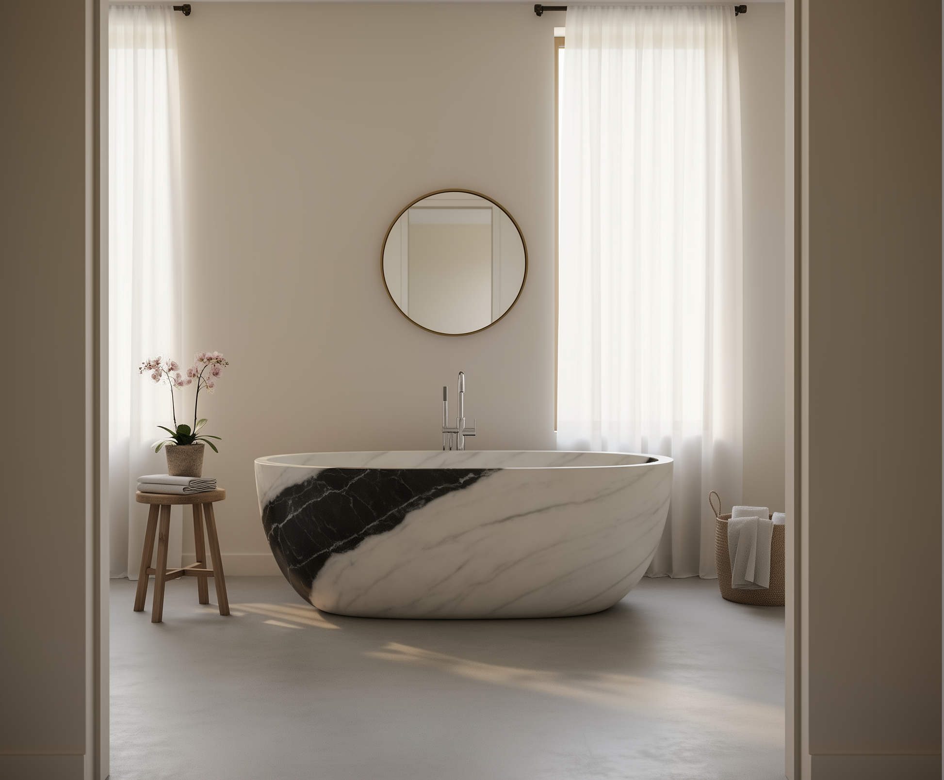 Modern bathroom with a marble bathtub, round mirror, and wooden stool.