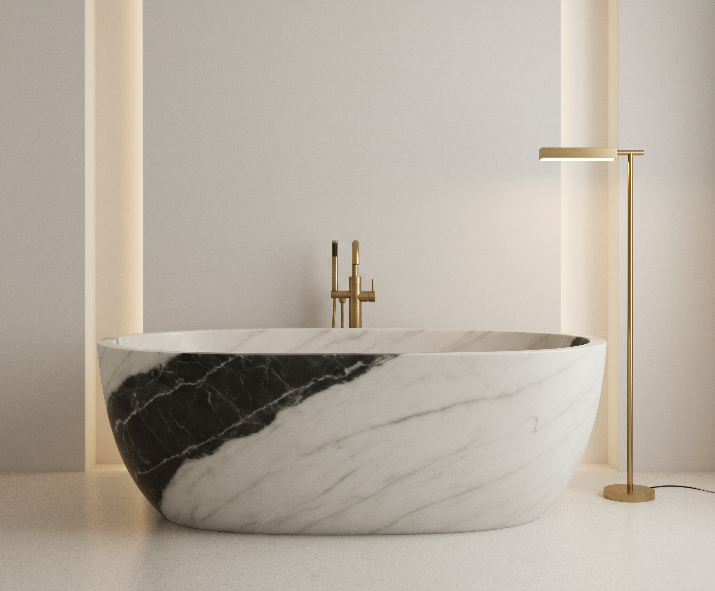 Panda White marble freestanding bath carved from natural white marble with bold black veining