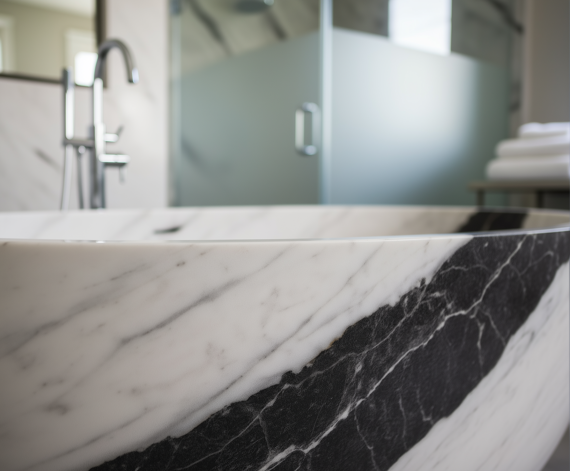 Close-up of a marble countertop with black and white pattern, blurred background