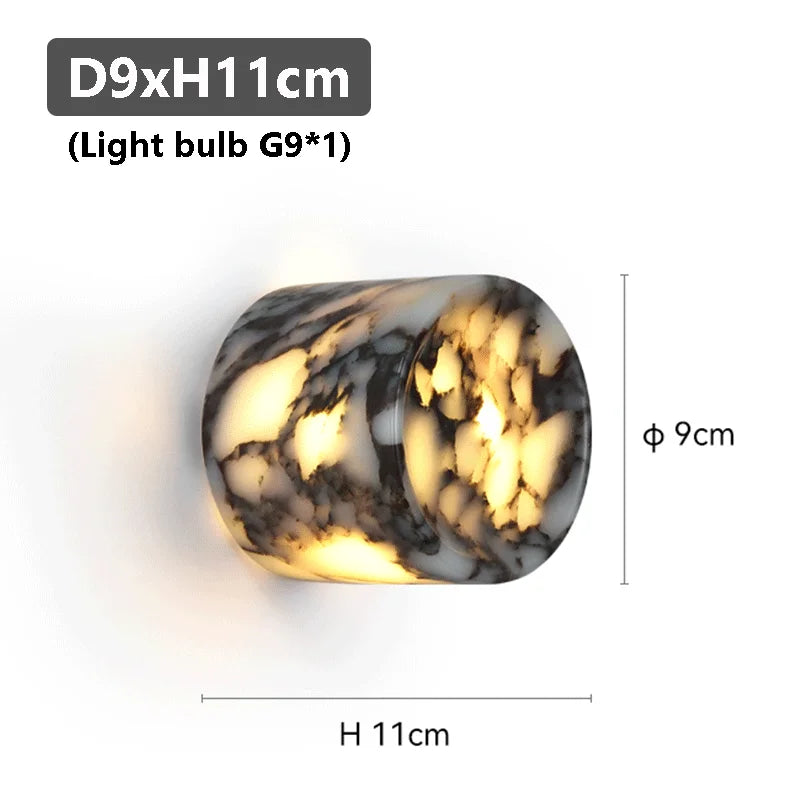 Marble-patterned wall light fixture with dimensions on a white background