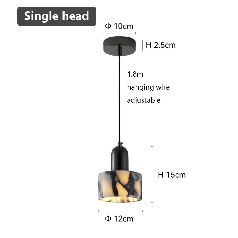 Pendant light with dimensions and specifications on a white background