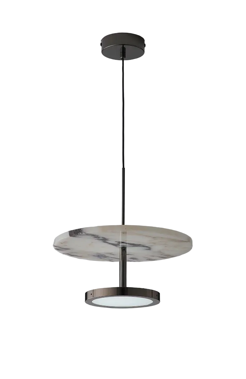 Modern pendant light with marble-like design on a gray background