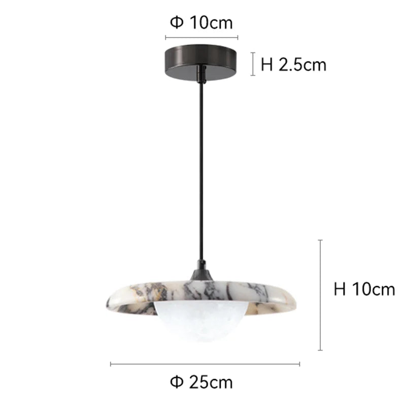 Pendant light with measurements on a white background