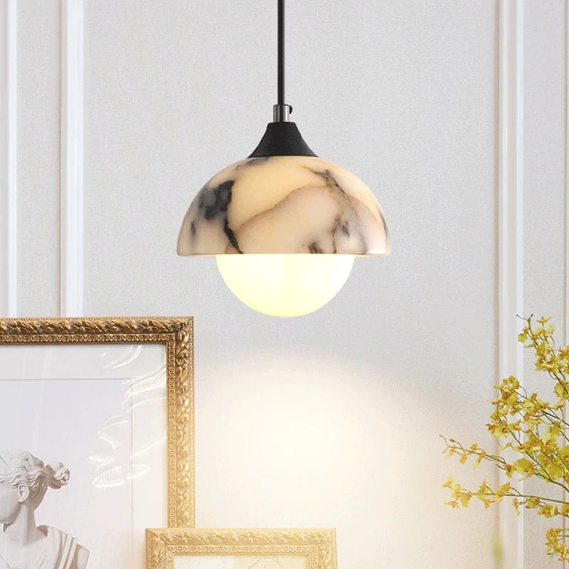 Linea marble minimal pendant light natural stone dome pendant with glowing globe bulb