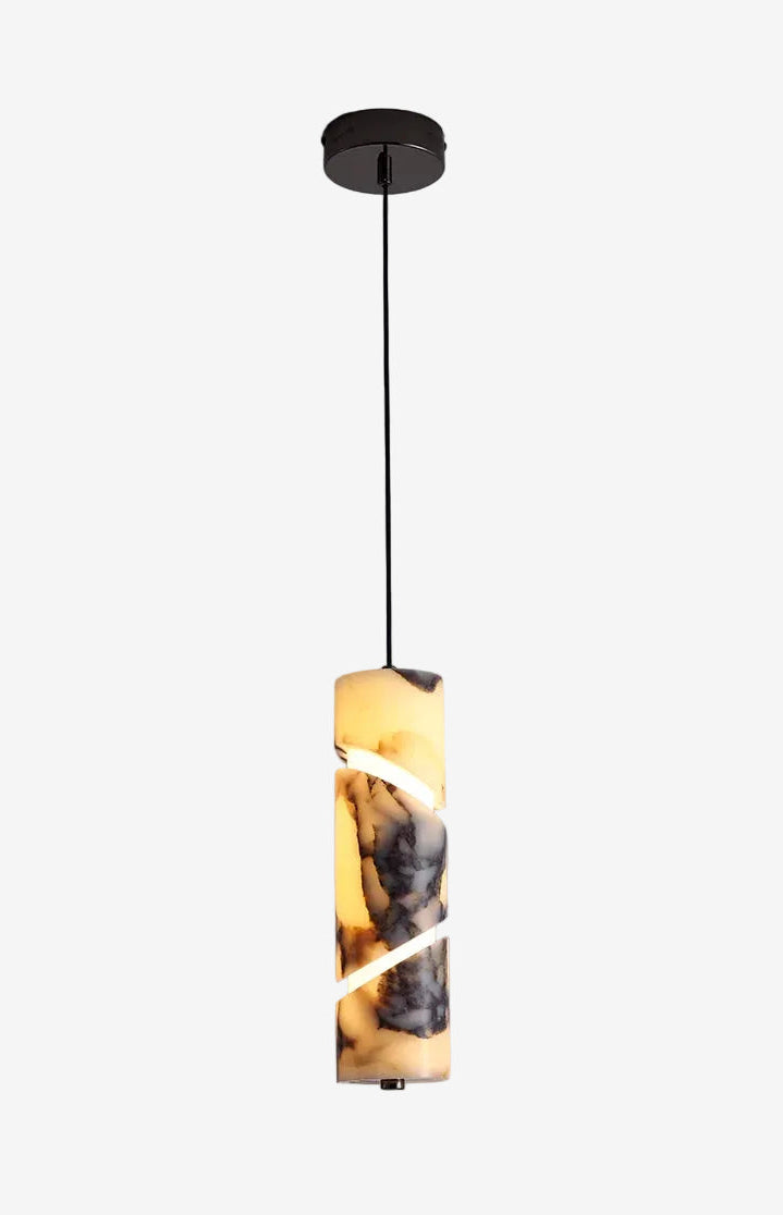 Pendant light with a cylindrical glass shade on a gray background