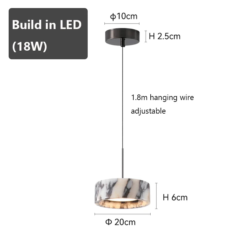 Marble-patterned pendant light with dimensions and LED information on a white background